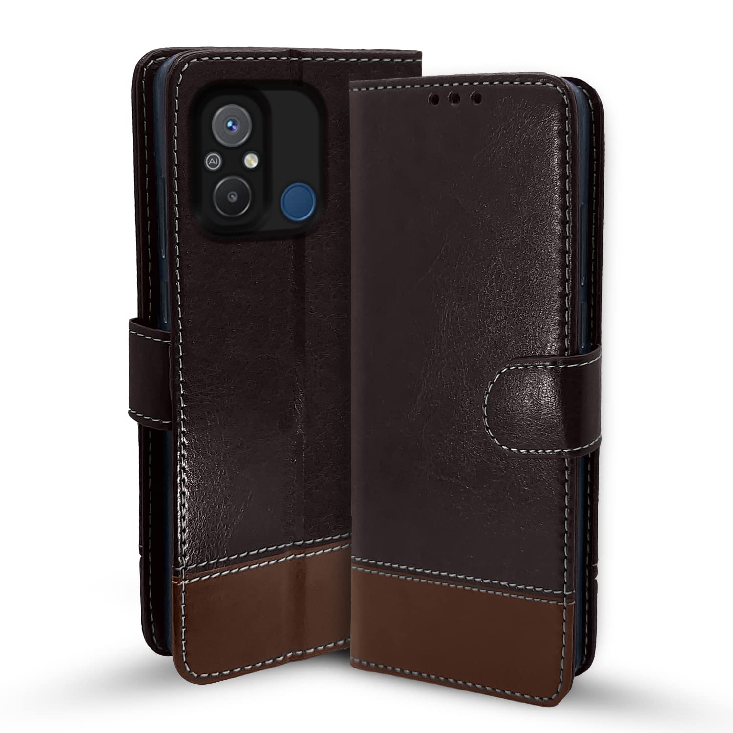 Redmi 12C/Poco C55 Magnetic wallet flip cover in coffee & brown by Pikkme