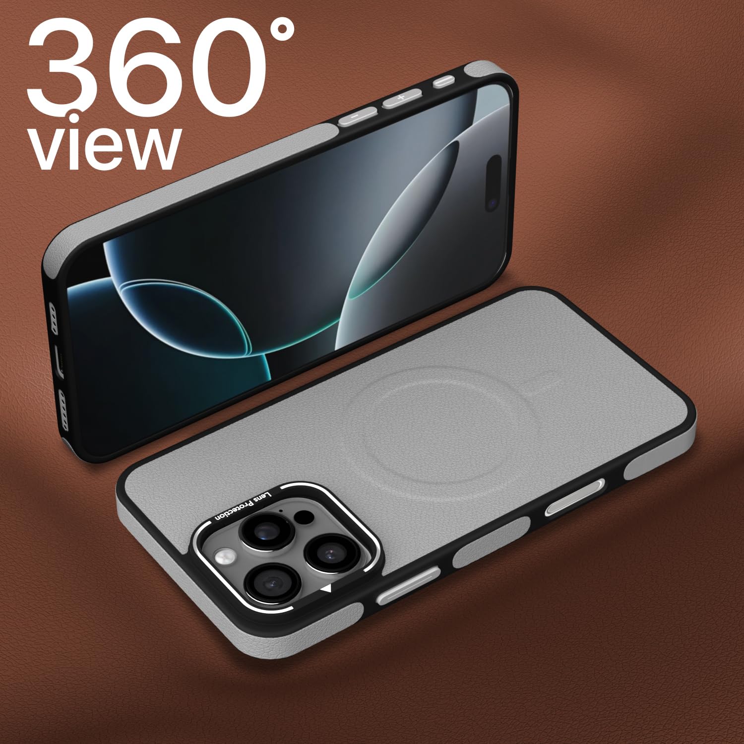 Pikkme iPhone 16 Pro Max Pu Leather with Metal Frame Lens Protection Bumper Case (Grey)