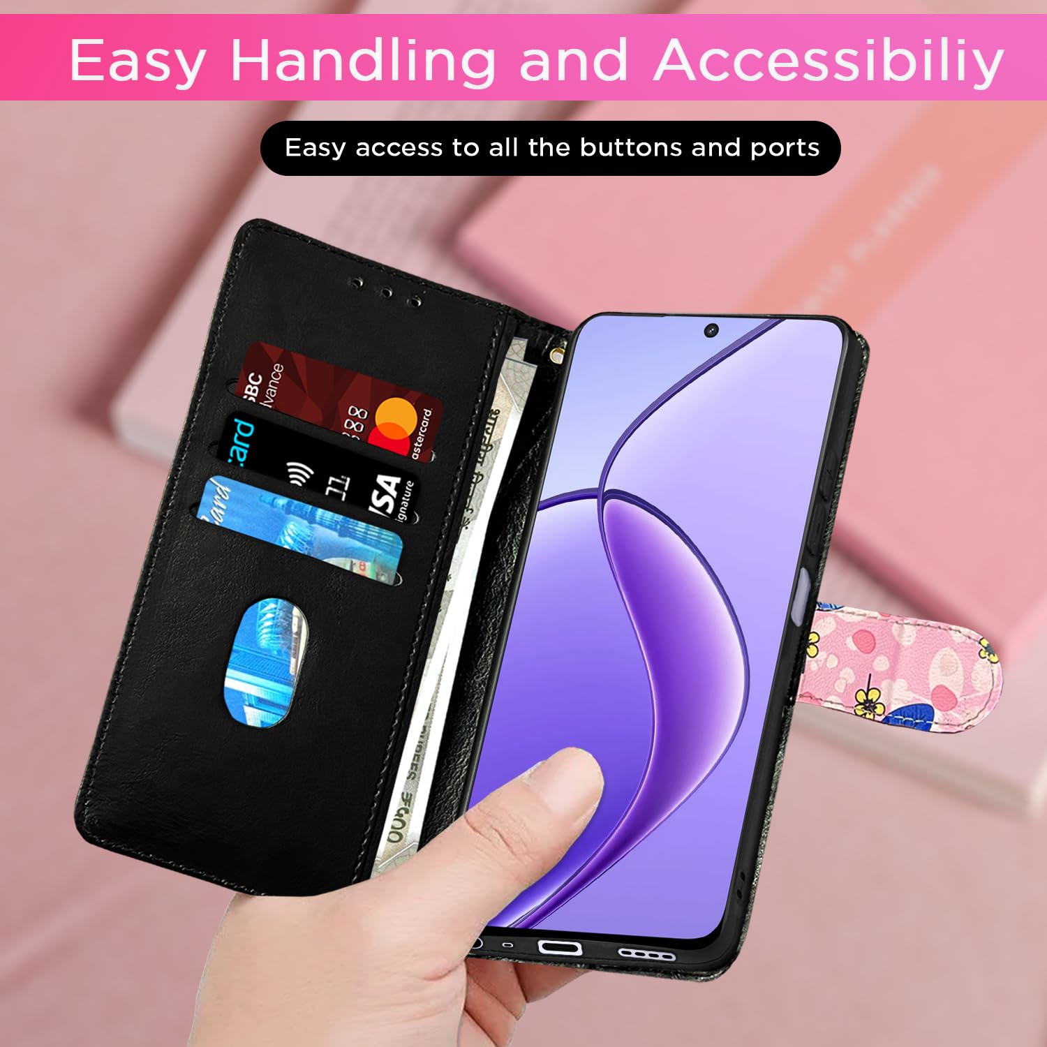 Realme 12 5G wallet flip cover in pink by Pikkme – photo 7