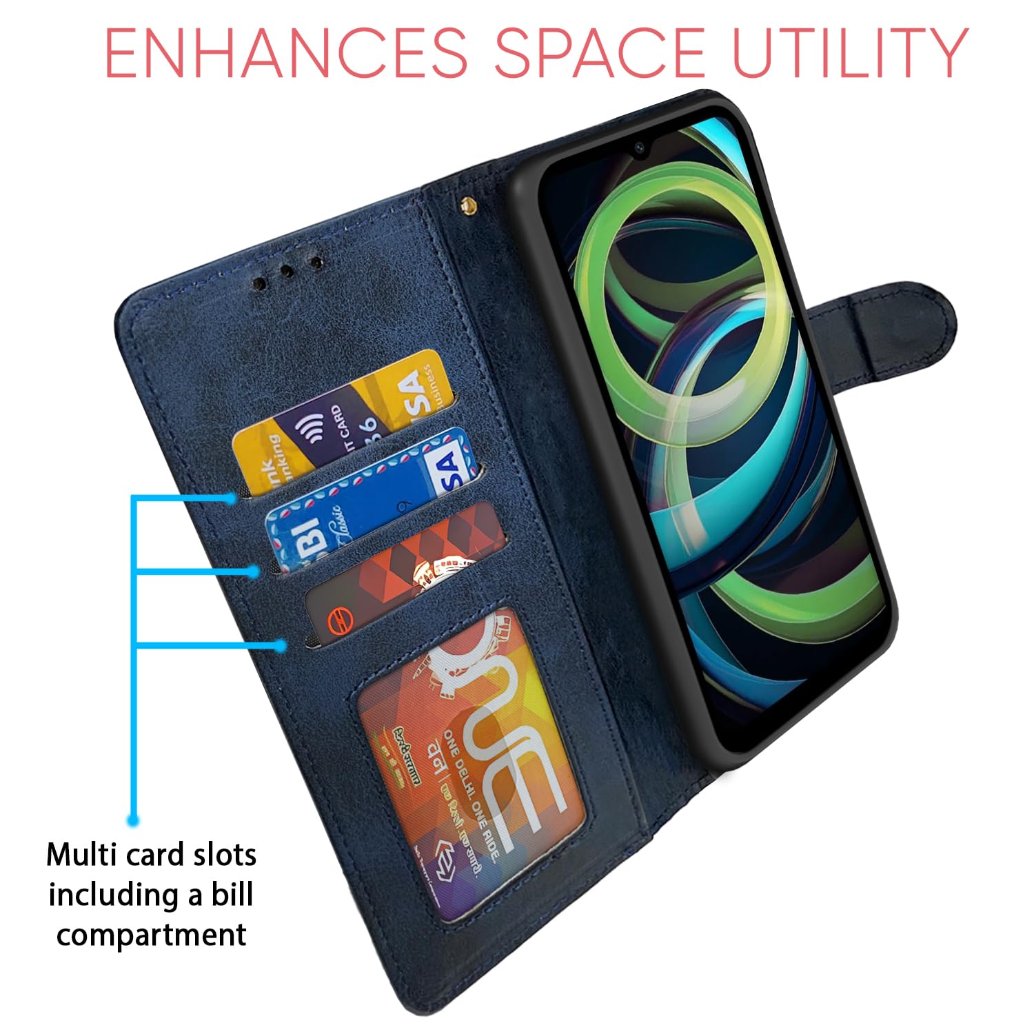 Pikkme Redmi A3 Dual-Tone PU Leather Finish Magnetic Flip Cover (Navy Blue)