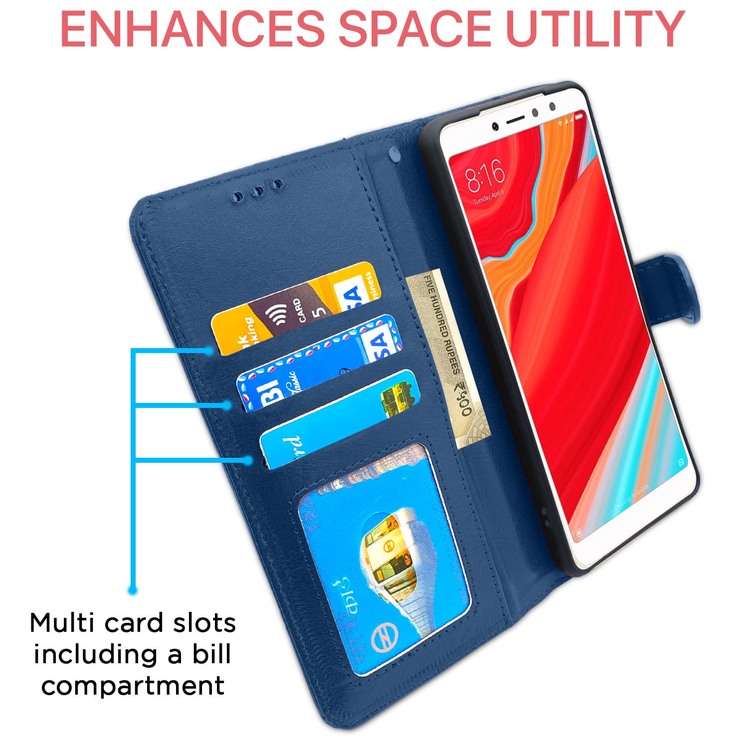 Redmi Y2 Wallet mobile flip cover in blue by Pikkme – photo 3