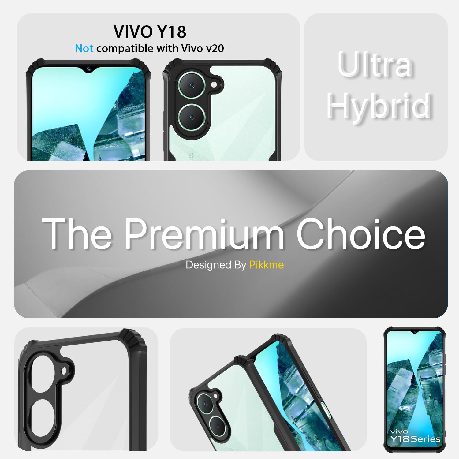 Pikkme iQOO Z9 Lite 5G | Vivo T3 Lite 5G | Vivo Y18 | Y18e | Y03 Eagle Crystal Clear Transparent Back Cover (Black)