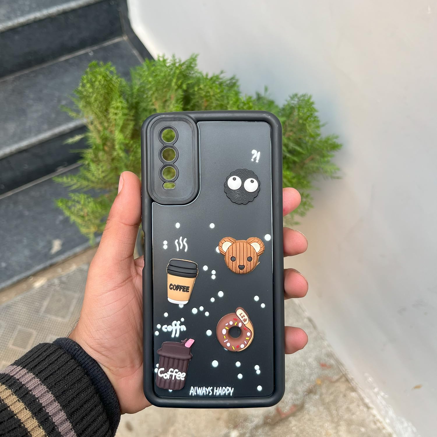 Pikkme Vivo Y12s / Y20 / Y20i / Y20G | Cute Fun Cartoon 3D Bear Coffee Back Cover (Black)