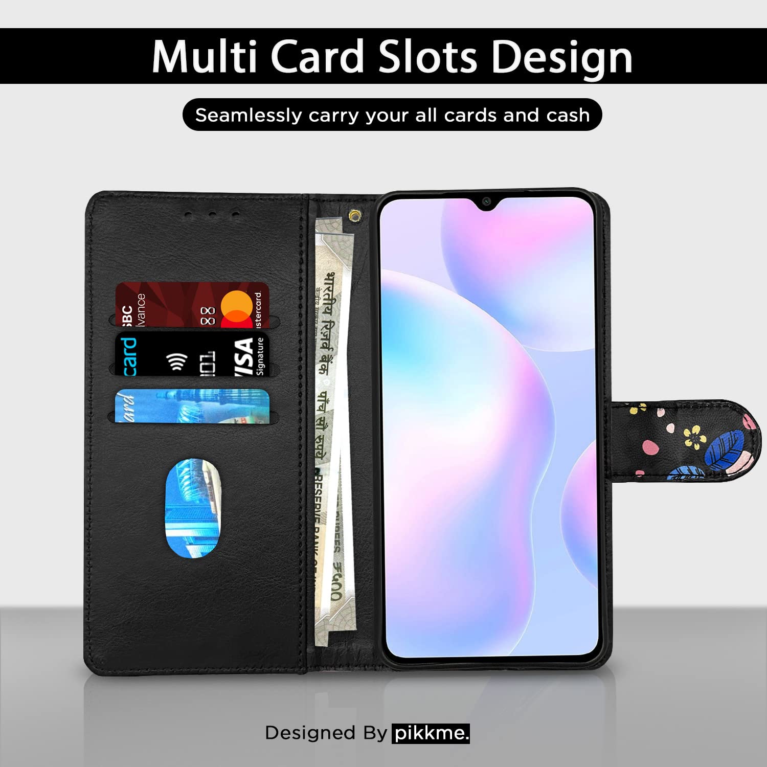 Pikkme Redmi 9A / 9A Sport / 9i / 9i Sport Flower Flip Cover (Black)