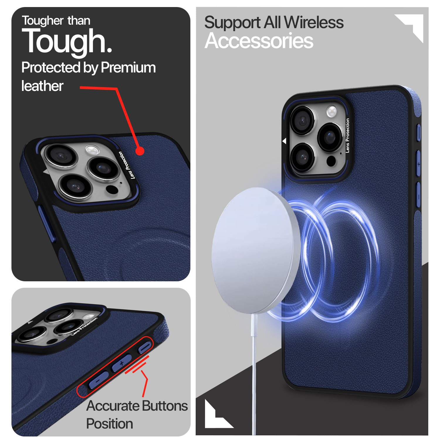 Pikkme iPhone 15 Pro Pu Leather with Metal Frame Lens Protection Bumper Case (Blue)
