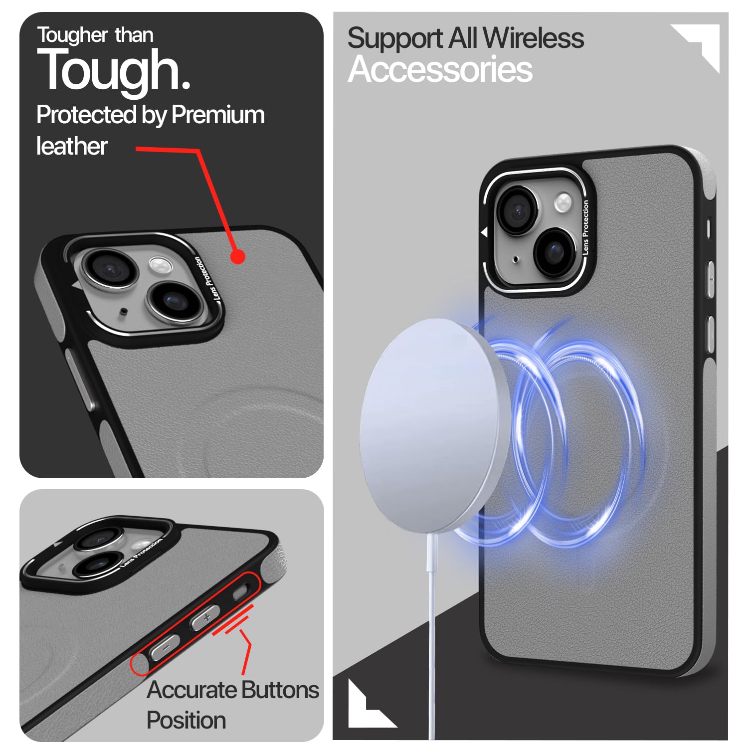 Pikkme iPhone 13 / iPhone 14 Pu Leather with Metal Frame Lens Protection Bumper Case (Grey)