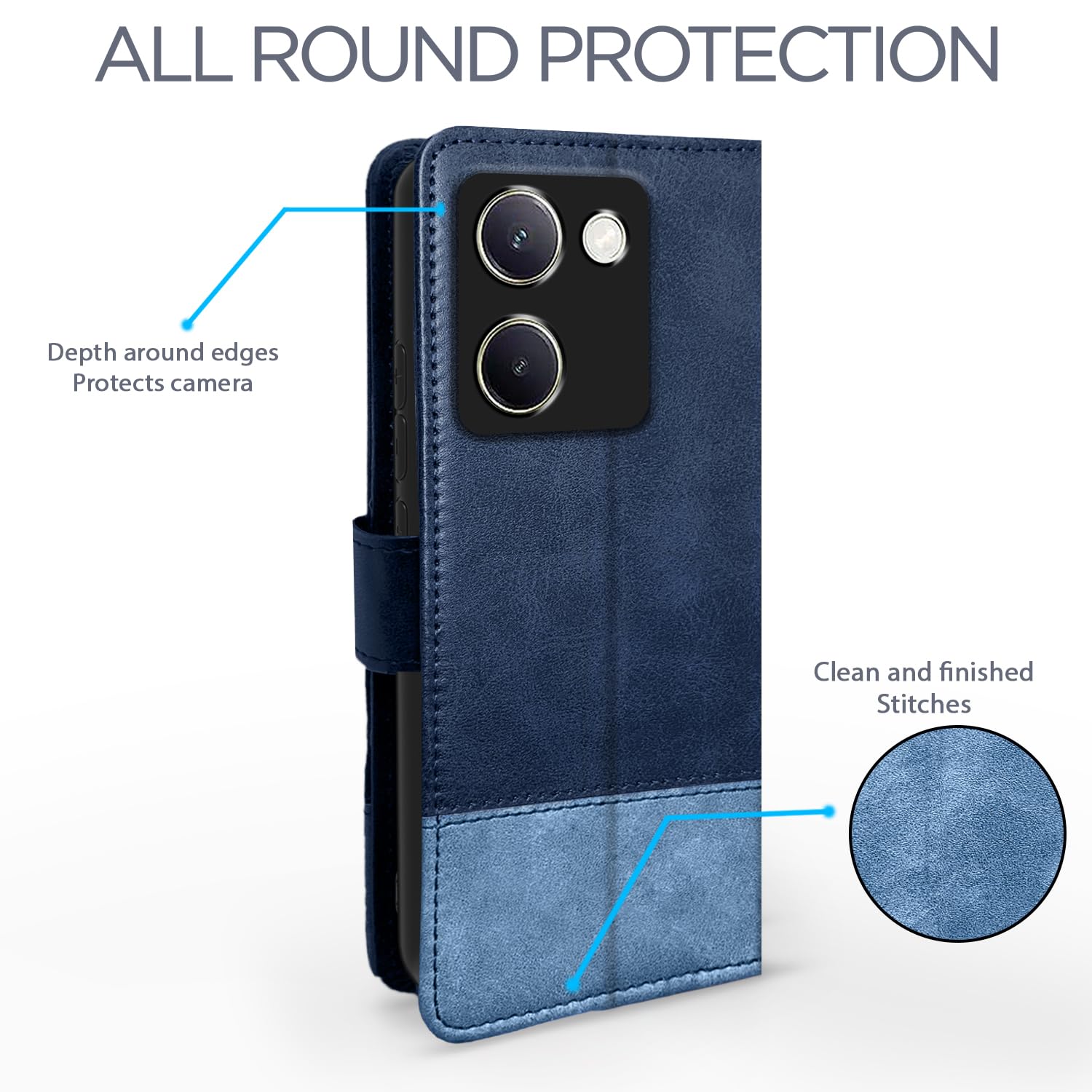 Pikkme Vivo Y200 Pro 5G Dual-Tone PU Leather Finish Magnetic Flip Cover (Navy Blue)