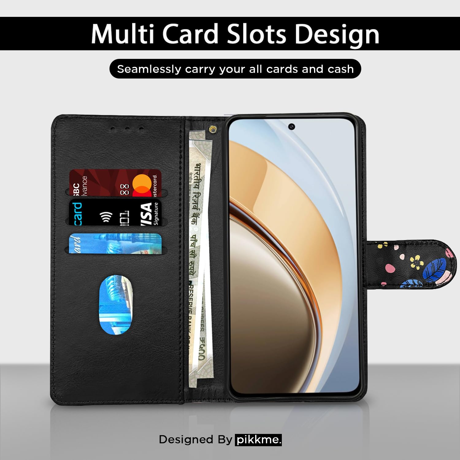 Vivo Y300 5G Wallet flip cover in black flower by Pikkme – photo 2