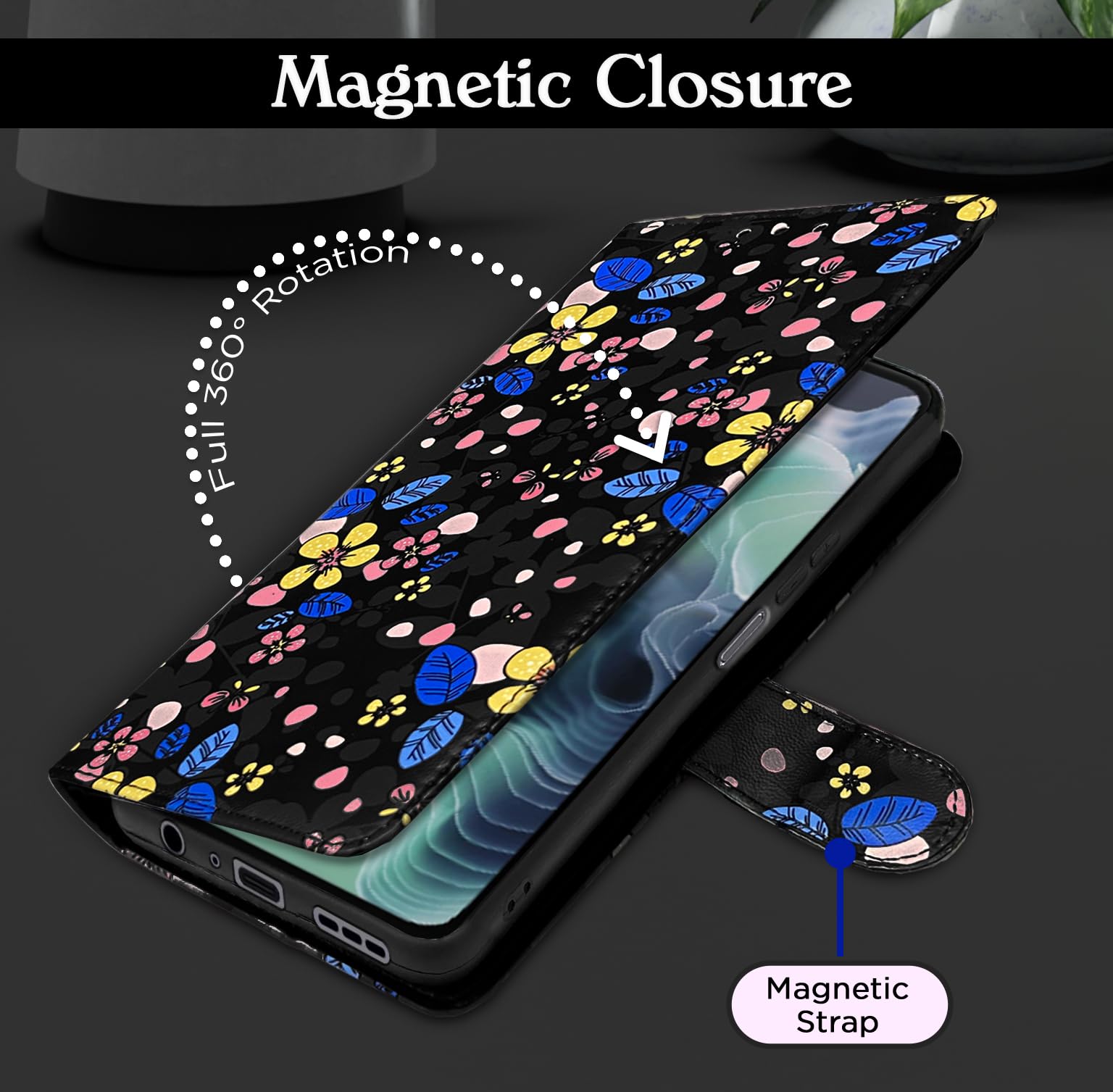 Moto G35 5G flip case in black flower by Pikkme – photo 6