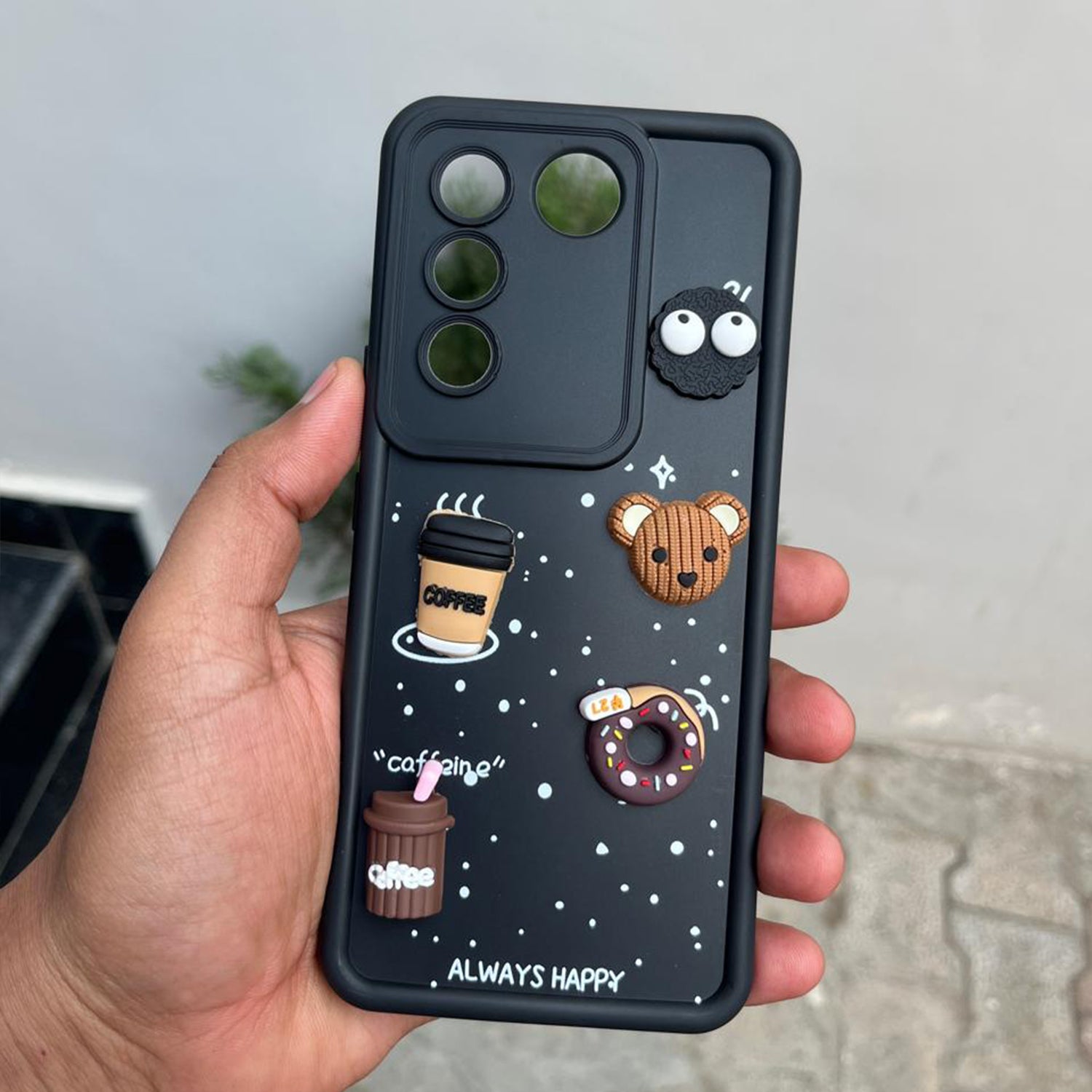 Pikkme Vivo V27 5G / V27 Pro 5G Cute Fun Cartoon 3D Bear Coffee Back Cover (Black)