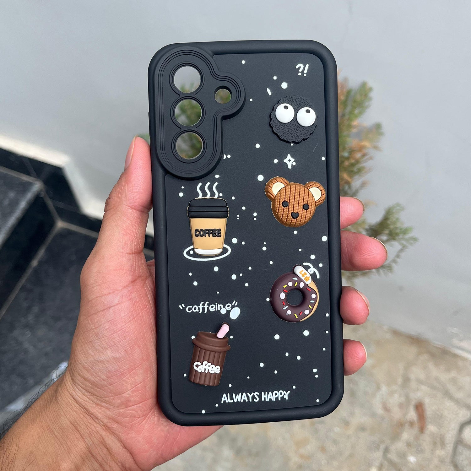 Pikkme Samsung Galaxy A56 5G Cute Fun Cartoon 3D Bear Coffee Back Cover (Black)