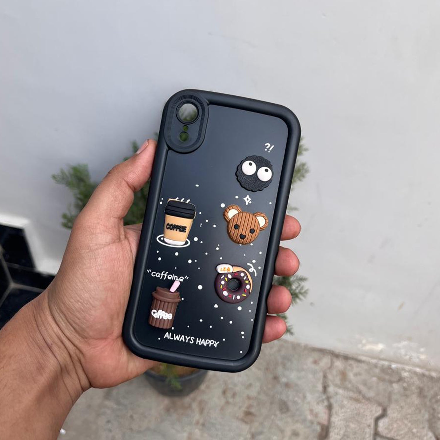 Pikkme iPhone XR Cute Fun Cartoon 3D Bear Coffee Back Cover (Black)