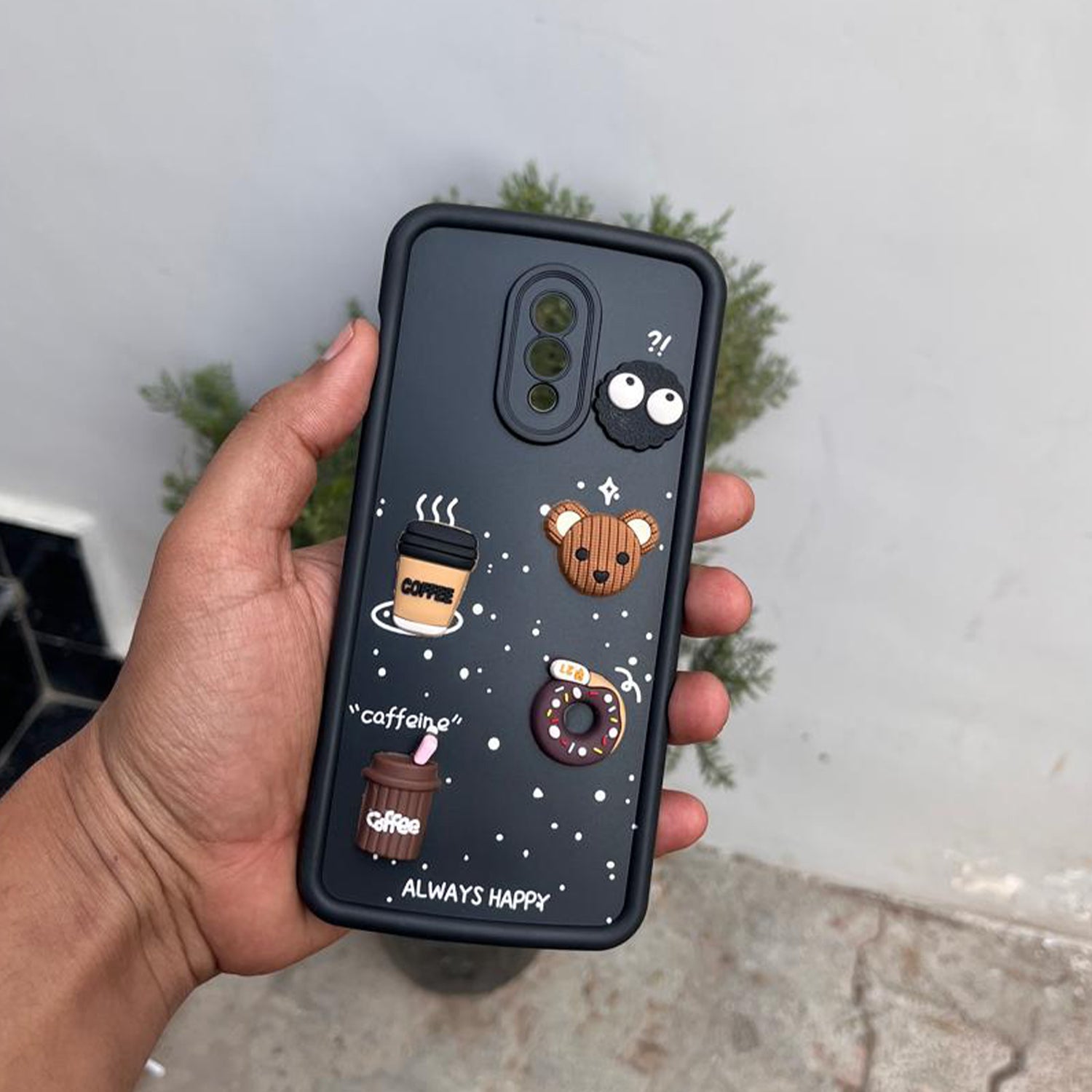 Pikkme One Plus 7 Cute Fun Cartoon 3D Bear Coffee Back Cover (Black)