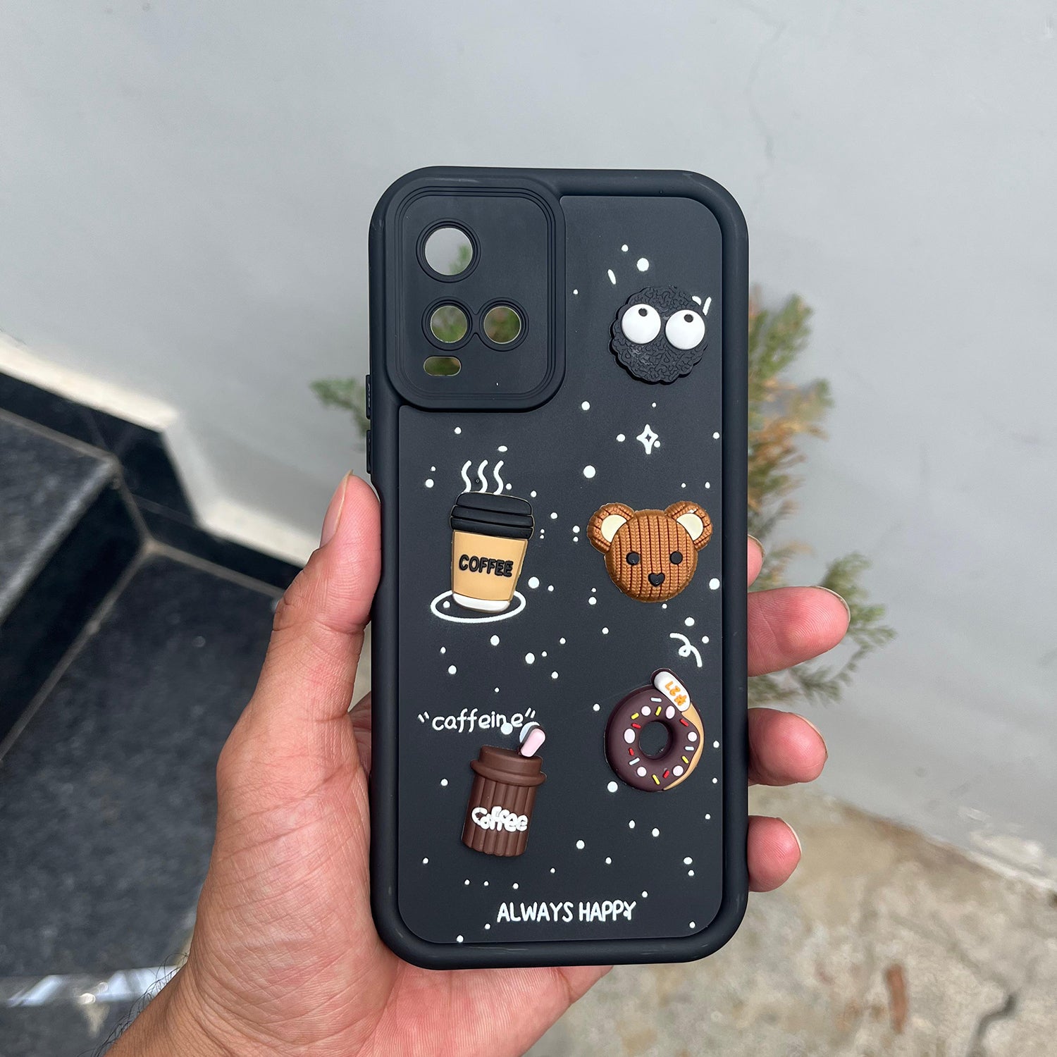 Pikkme Vivo Y21 2021 / Y33s Cute Fun Cartoon 3D Bear Coffee Back Cover (Black)