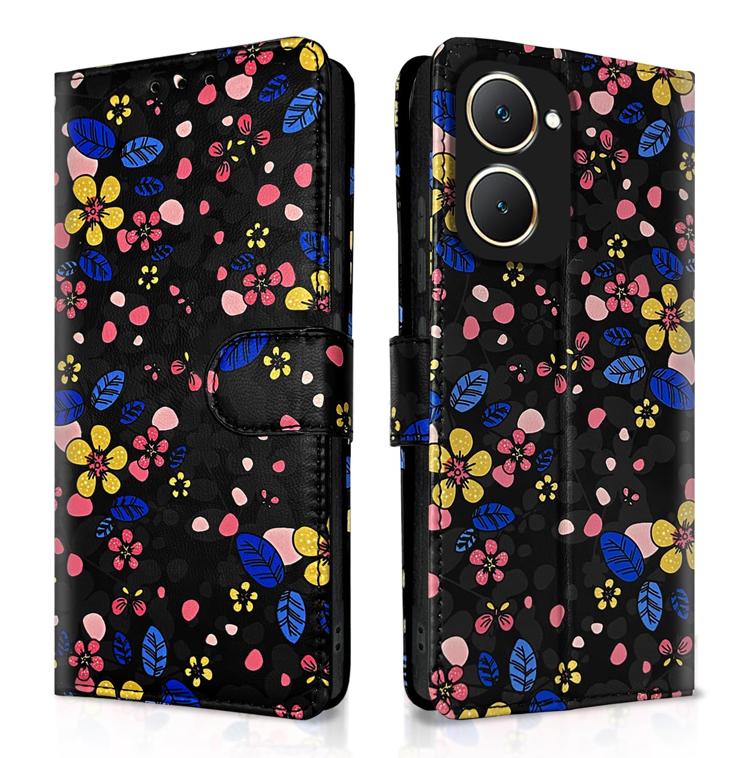 Pikkme black flower Wallet flip case for Vivo Y03 4G