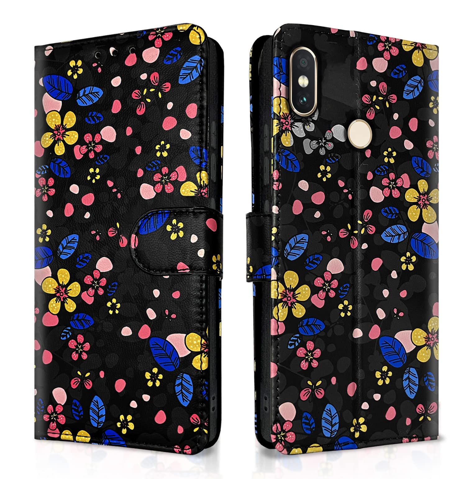 Pikkme black flower Wallet flip cover for Redmi Note 5 Pro