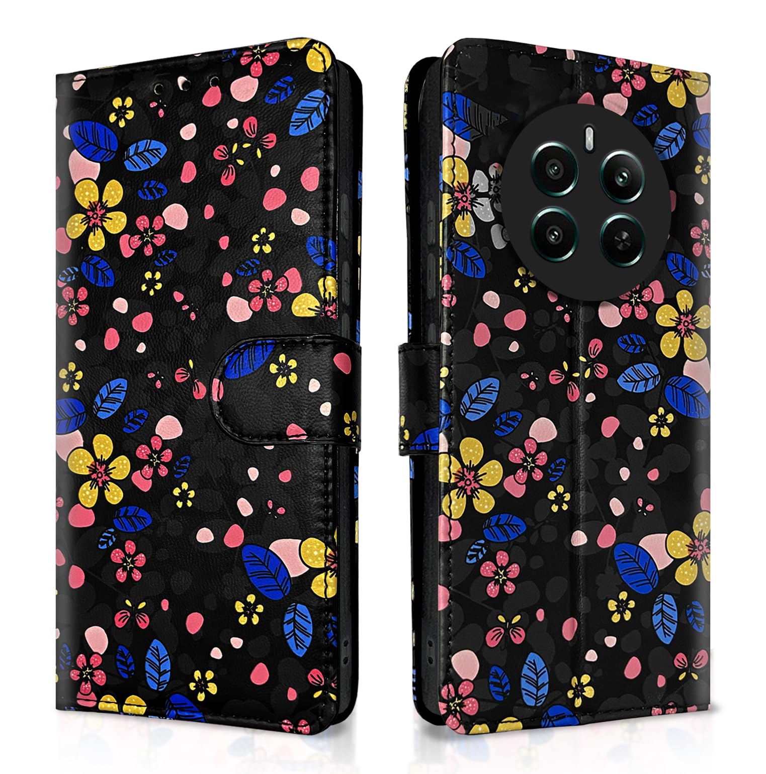 Pikkme black flower Wallet flip case for Realme 12 Plus/P1/Narzo 70/70 Pro 5G