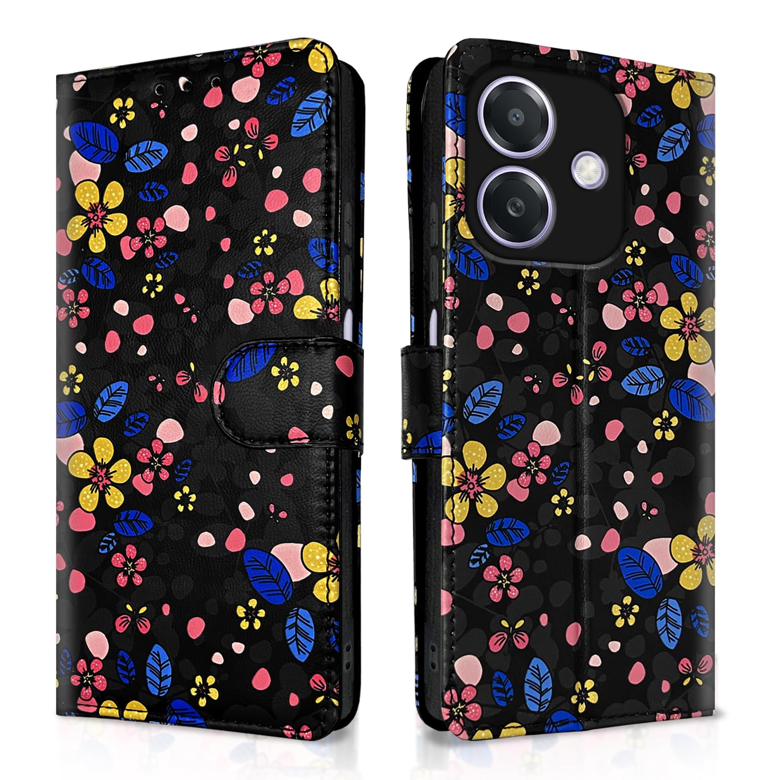 Pikkme black flower mobile flip cover for Oppo A3x 5G/A3x 4G/A3 5G