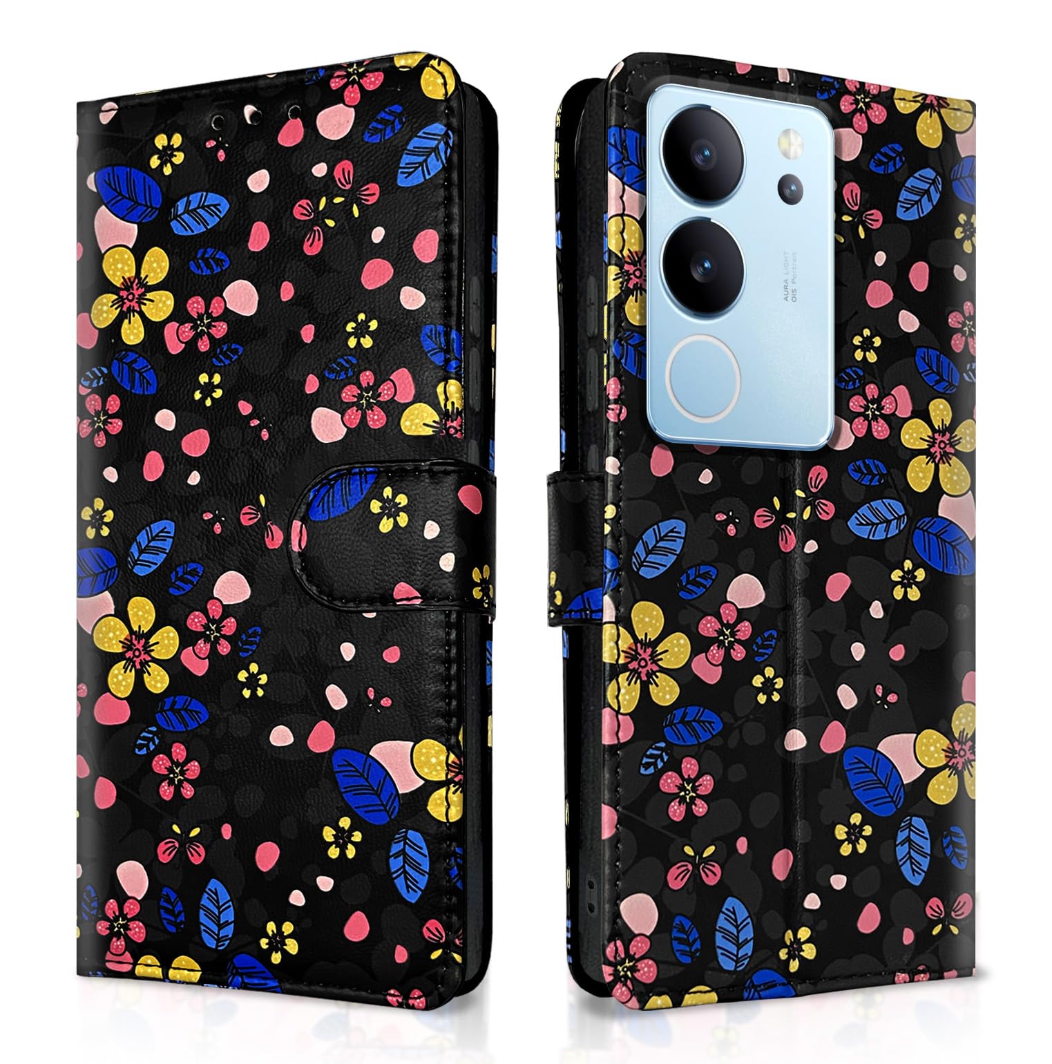 Pikkme black flower flip case for Vivo V29/V29 Pro 5G