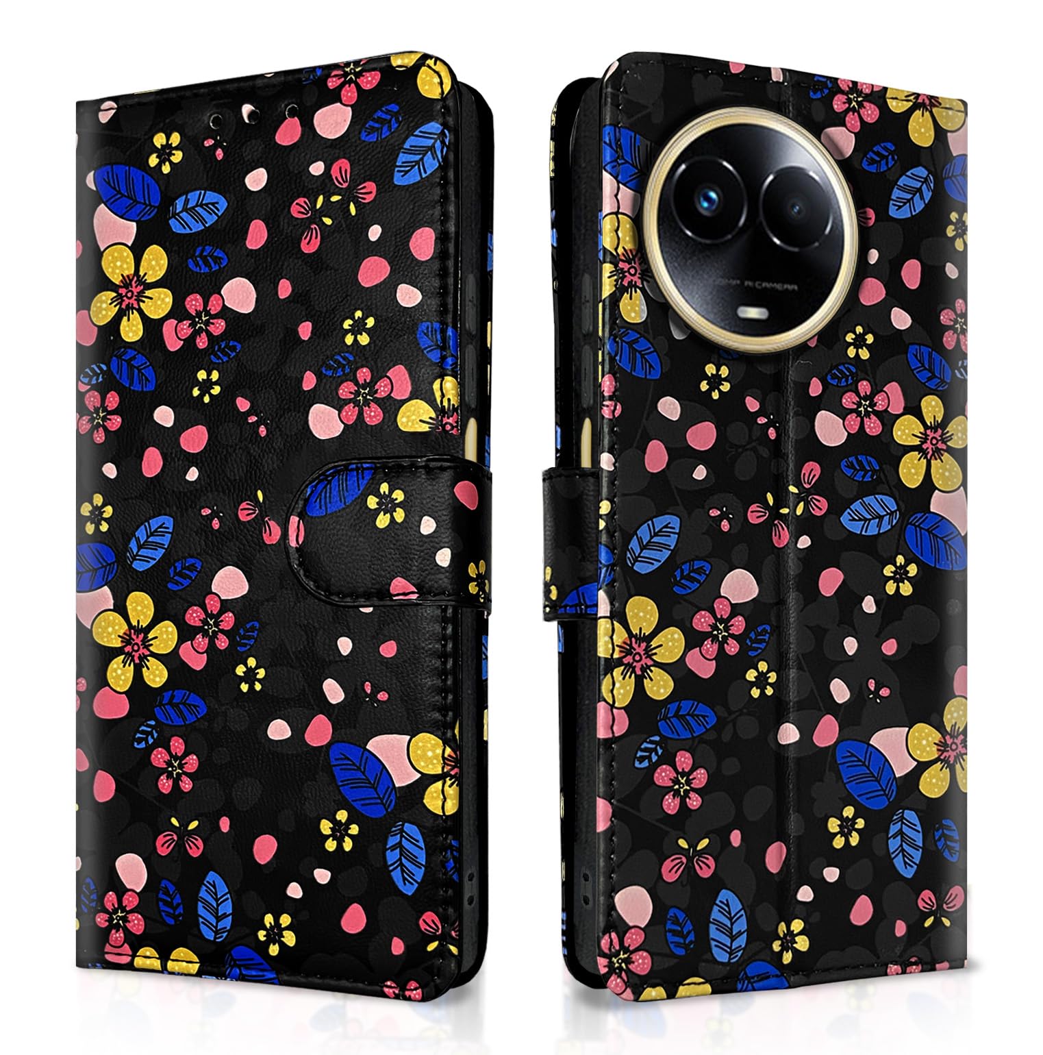 Realme 11/11X/Narzo 60X 5G Wallet wallet flip cover in black flower by Pikkme
