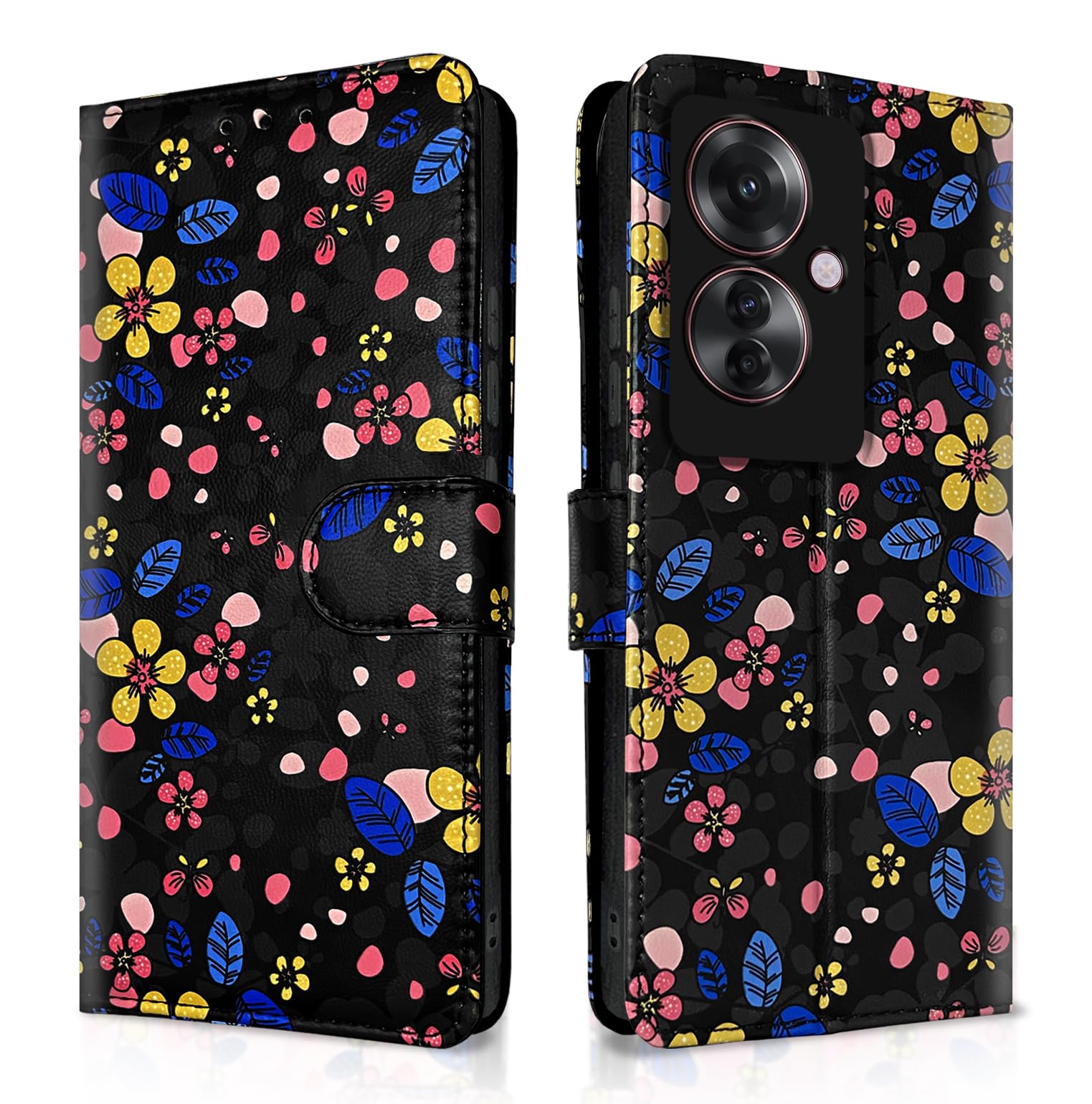 Pikkme black flower Wallet flip cover for OPPO F25 Pro 5G