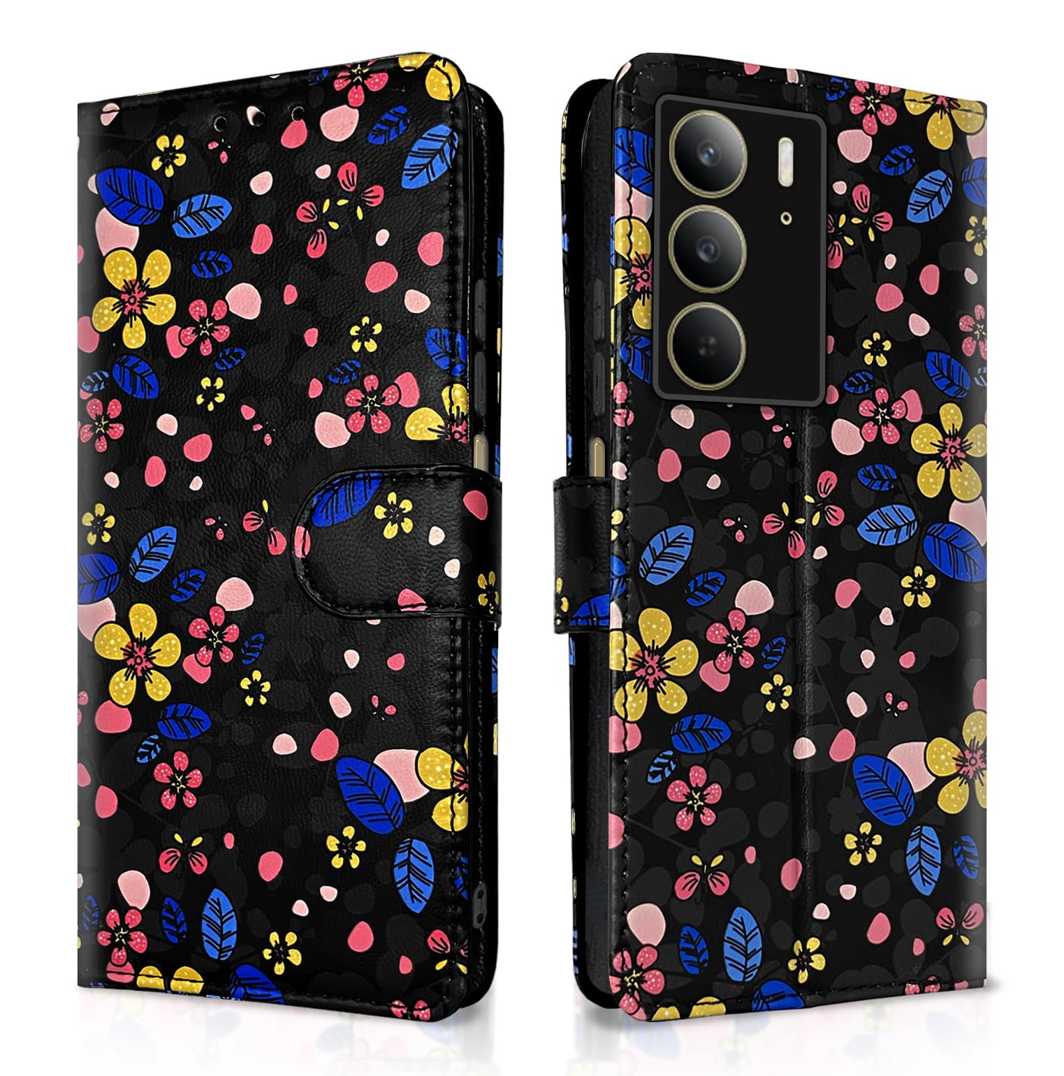 Black flower wallet flip cover for Realme C75 – Pikkme