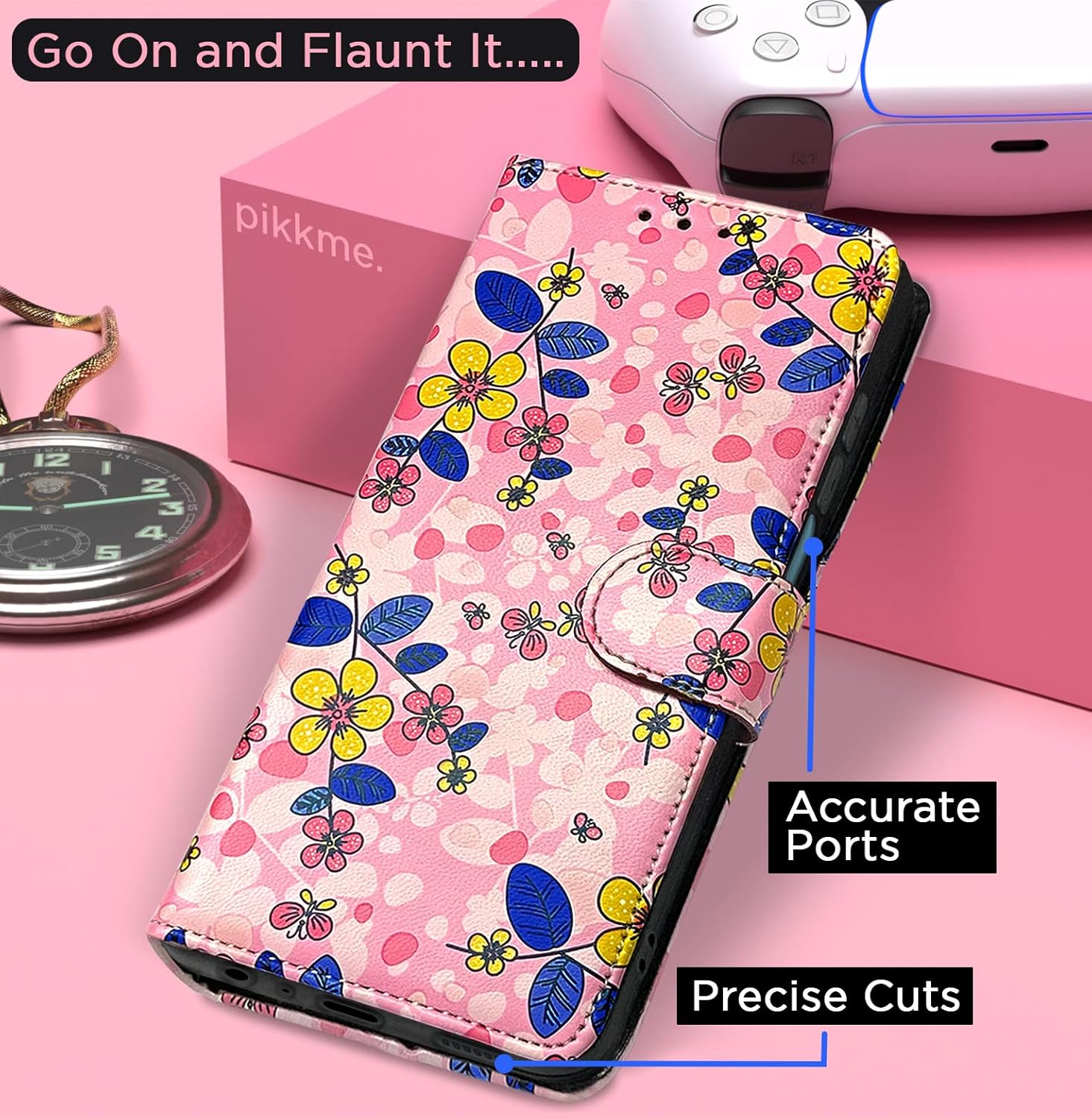 Pikkme Samsung Galaxy M13 4G Flower Flip Cover (Pink)