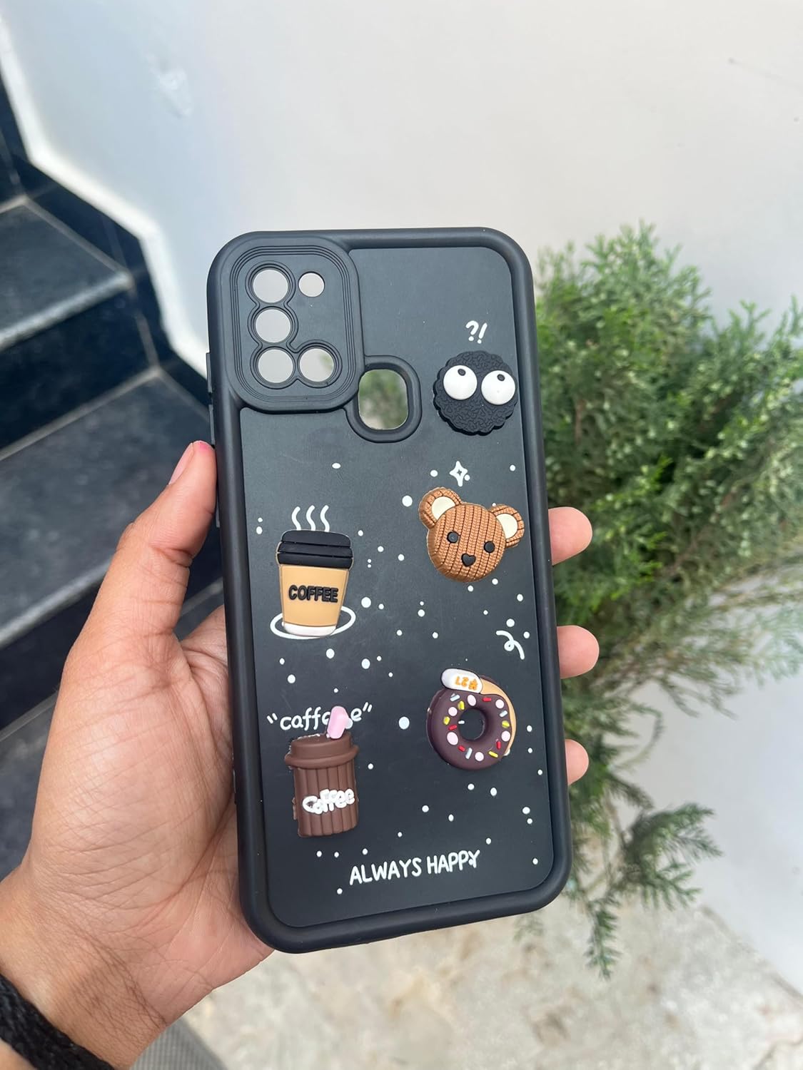 Pikkme Samsung Galaxy A21s Cute Fun Cartoon 3D Bear Coffee Back Cover (Black)