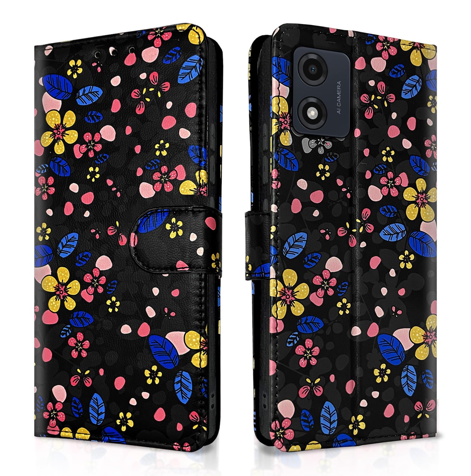 Black flower mobile flip cover for Moto E13 – Pikkme