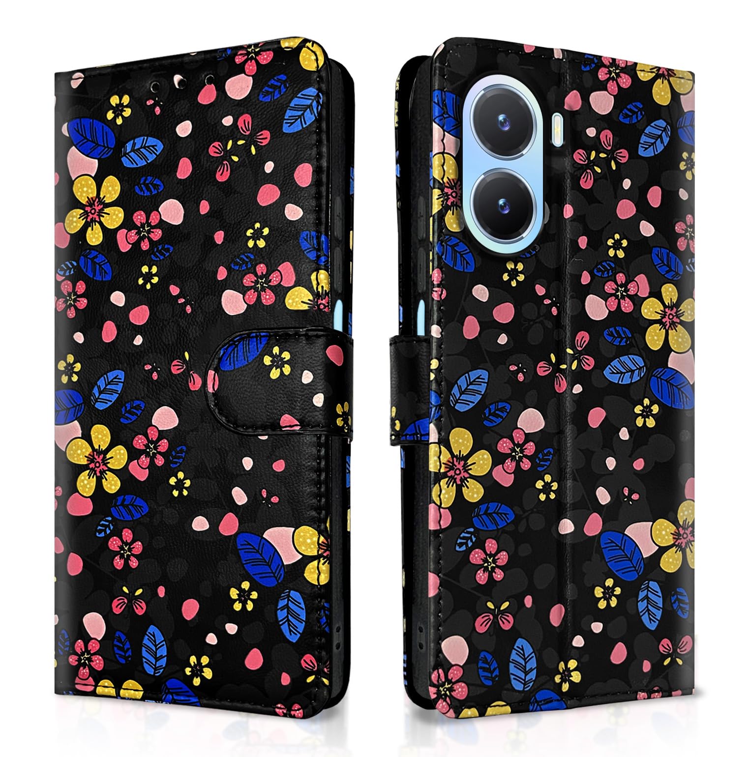 Pikkme black flower Wallet flip cover for Vivo T2X/Y16/Y56 5G