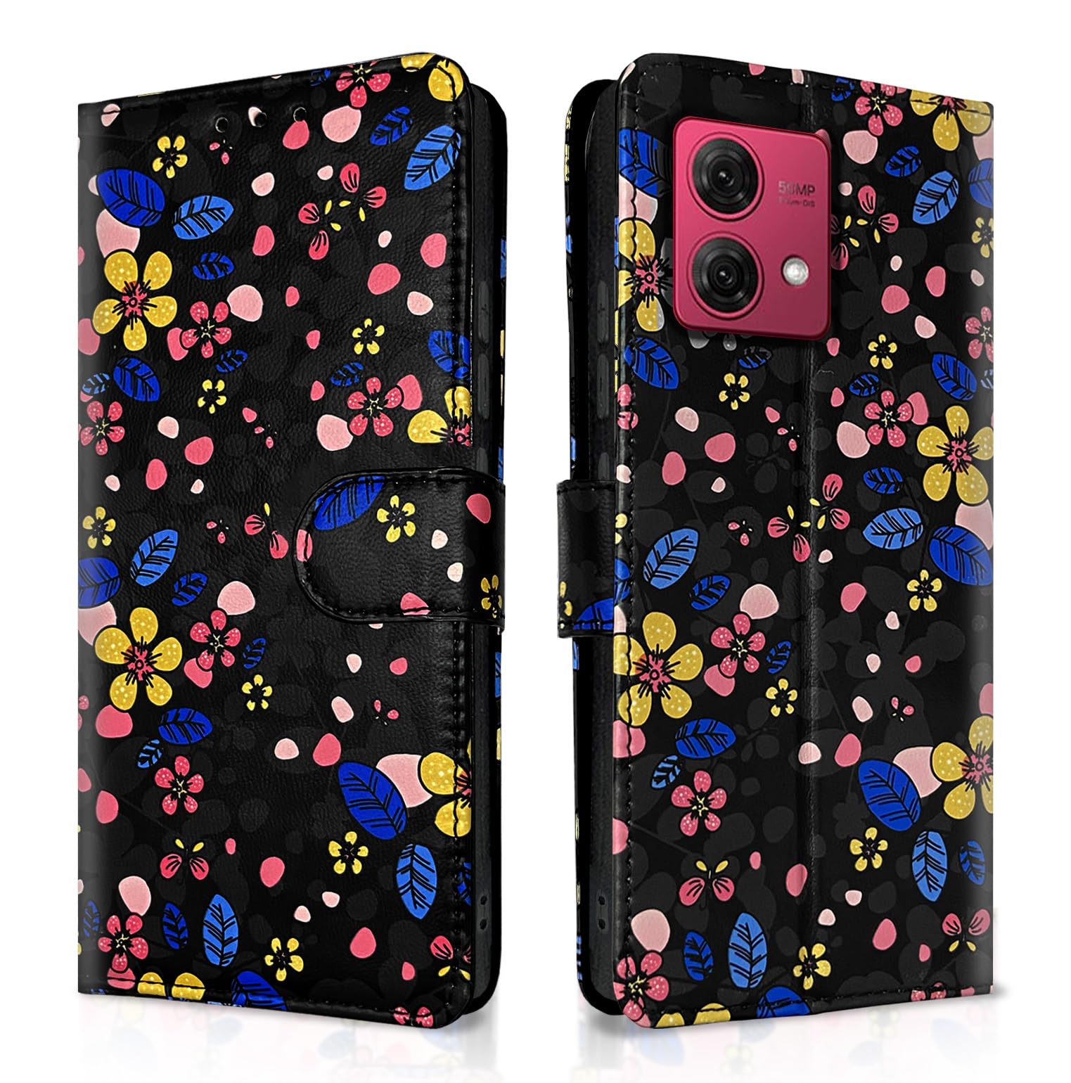 Pikkme black flower wallet flip cover for Moto G84 5G