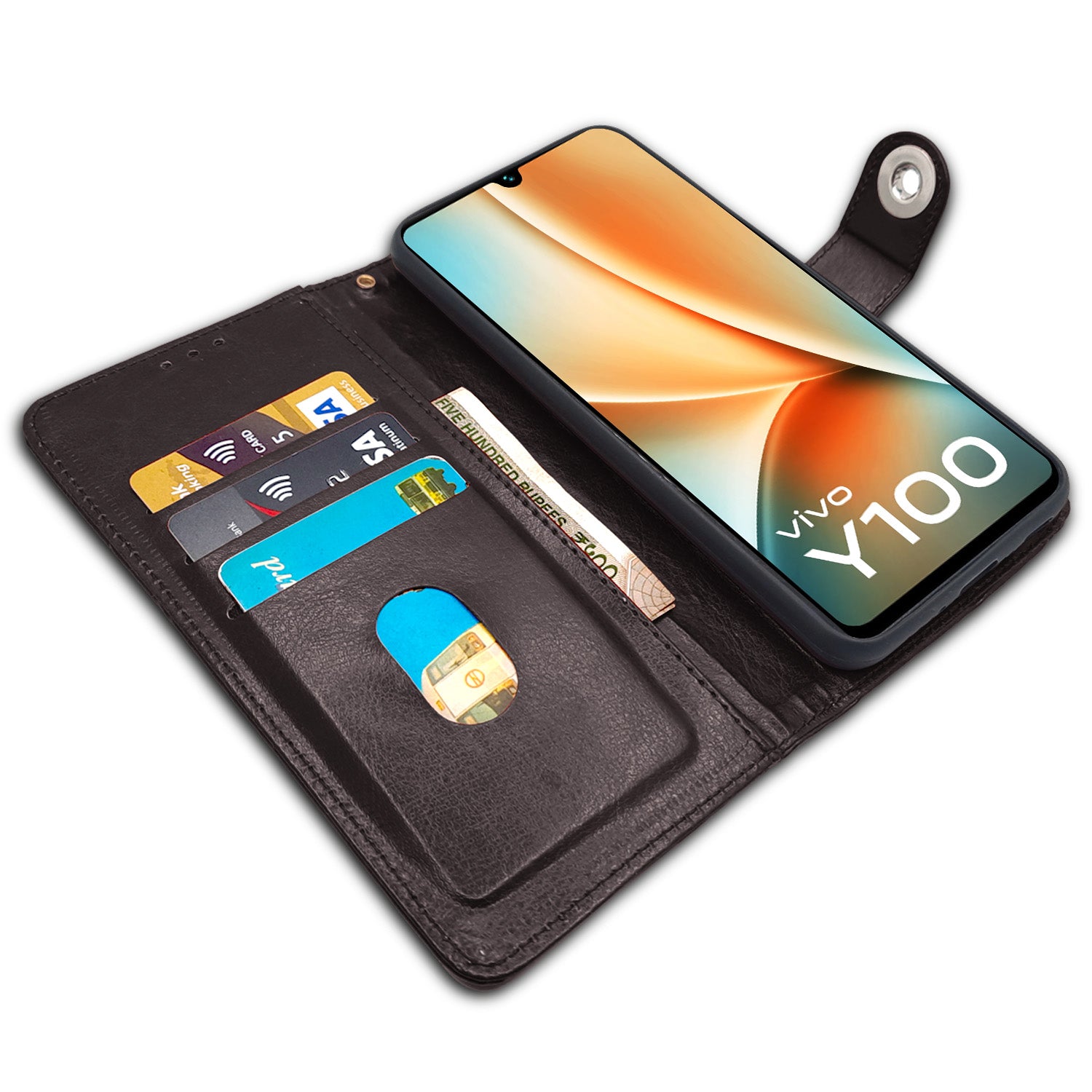 Pikkme Vivo Y100 5G Button Flip Cover (Coffee)