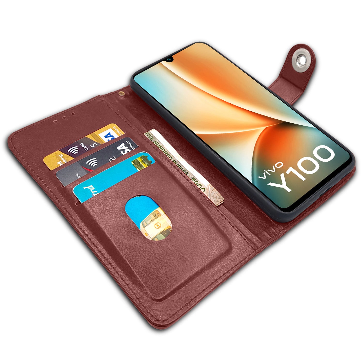 Pikkme Vivo Y100 5G Button Flip Cover (Brown)