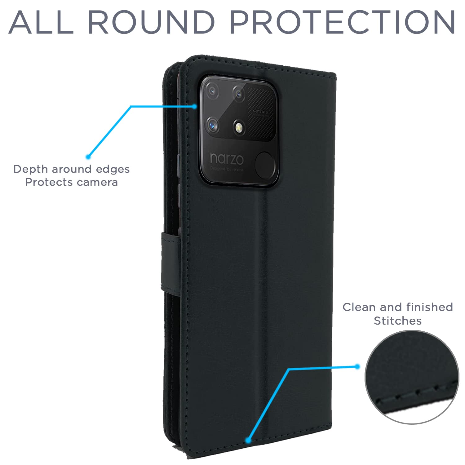 Pikkme Realme Narzo 50A Vintage Flip Cover | Black