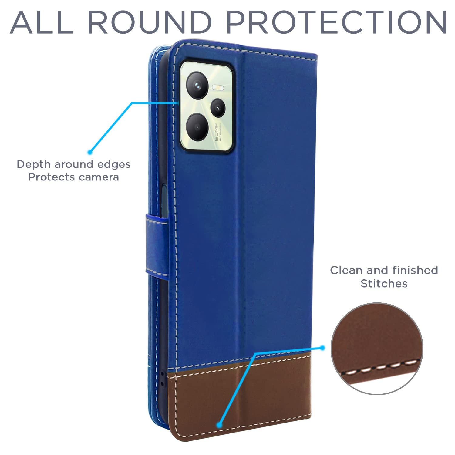Pikkme Realme C35 Constrast Flip Cover | Blue & Brown
