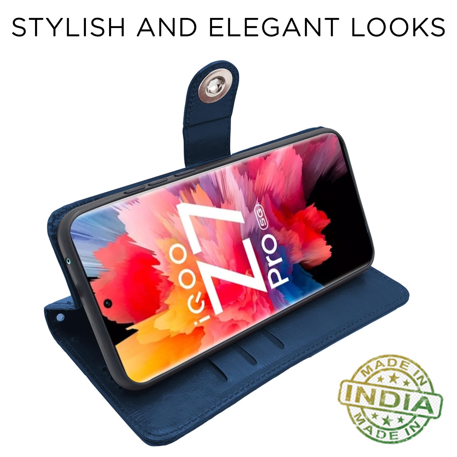 iQOO Z7 Pro 5G Button wallet flip cover in blue by Pikkme – photo 5