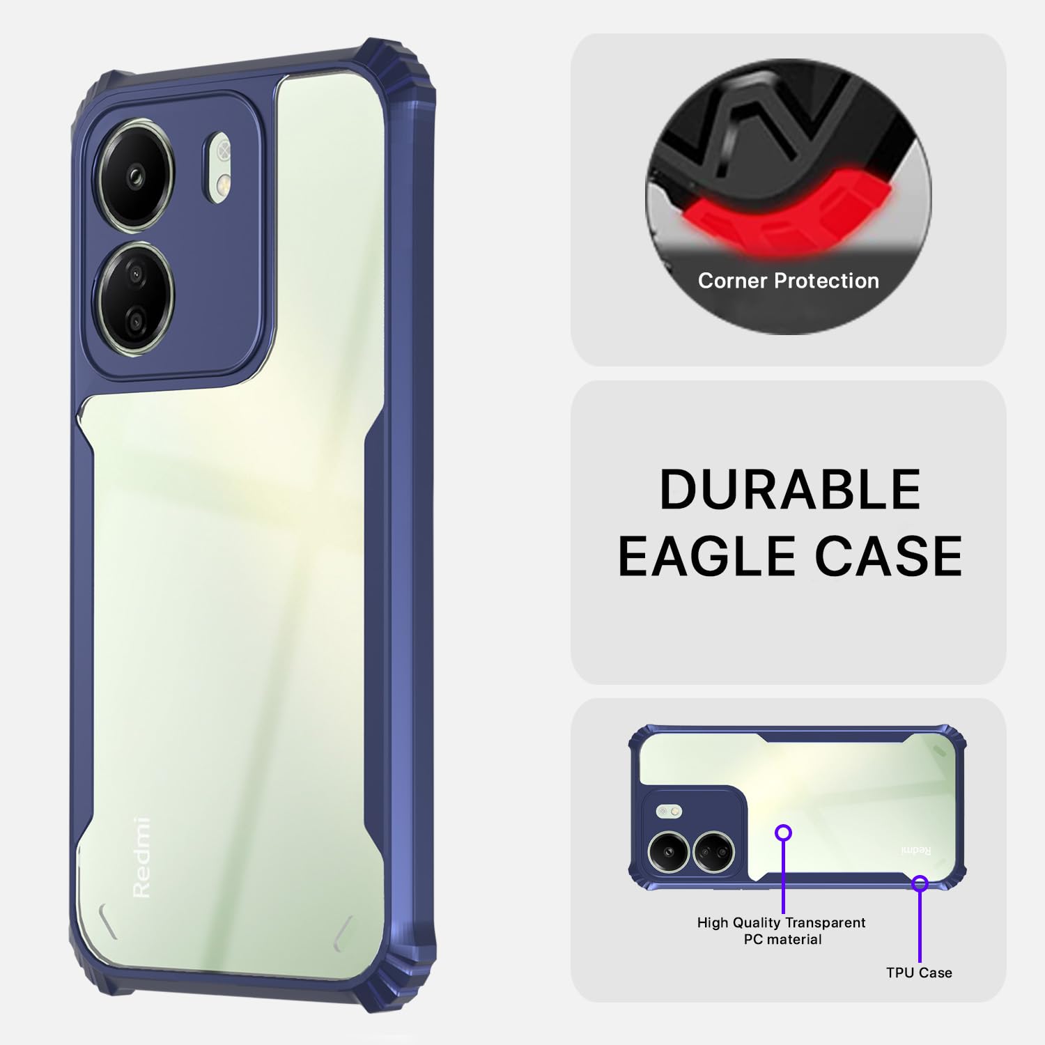 Pikkme Redmi 13C 4G Back Cover Crystal Clear Transparent Back Eagle Case (blue)