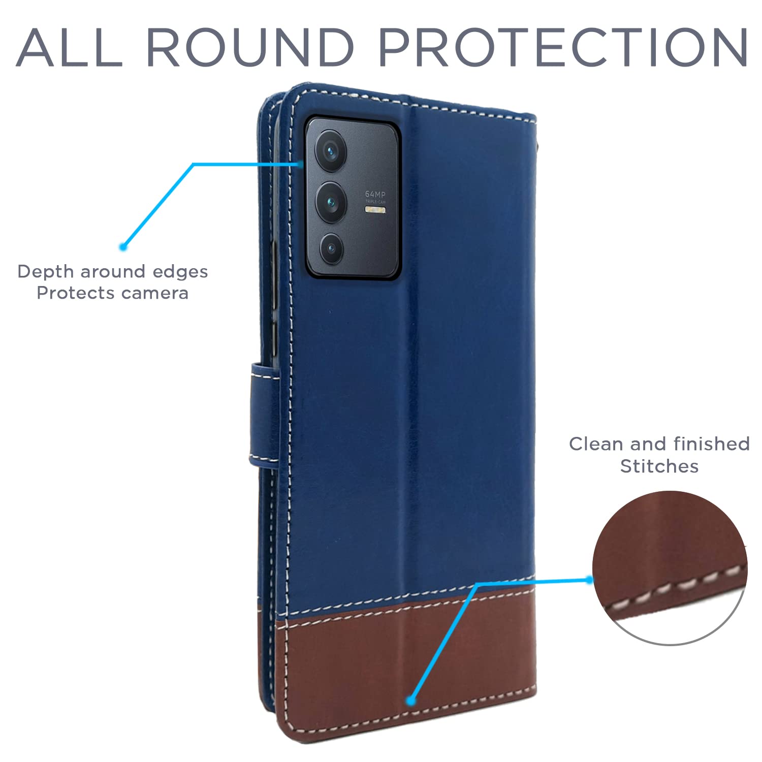 Pikkme Vivo V23 5G Contrast Flip Cover (Blue & Brown)