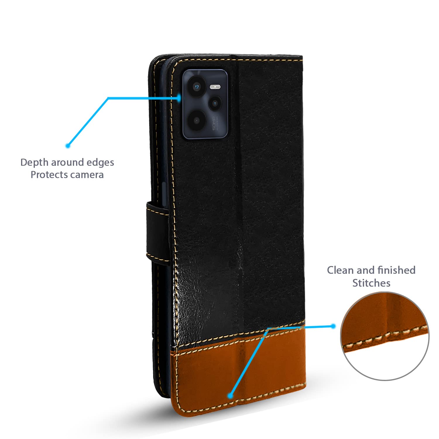 Pikkme Realme C35 Constrast Flip Cover | Black & Brown