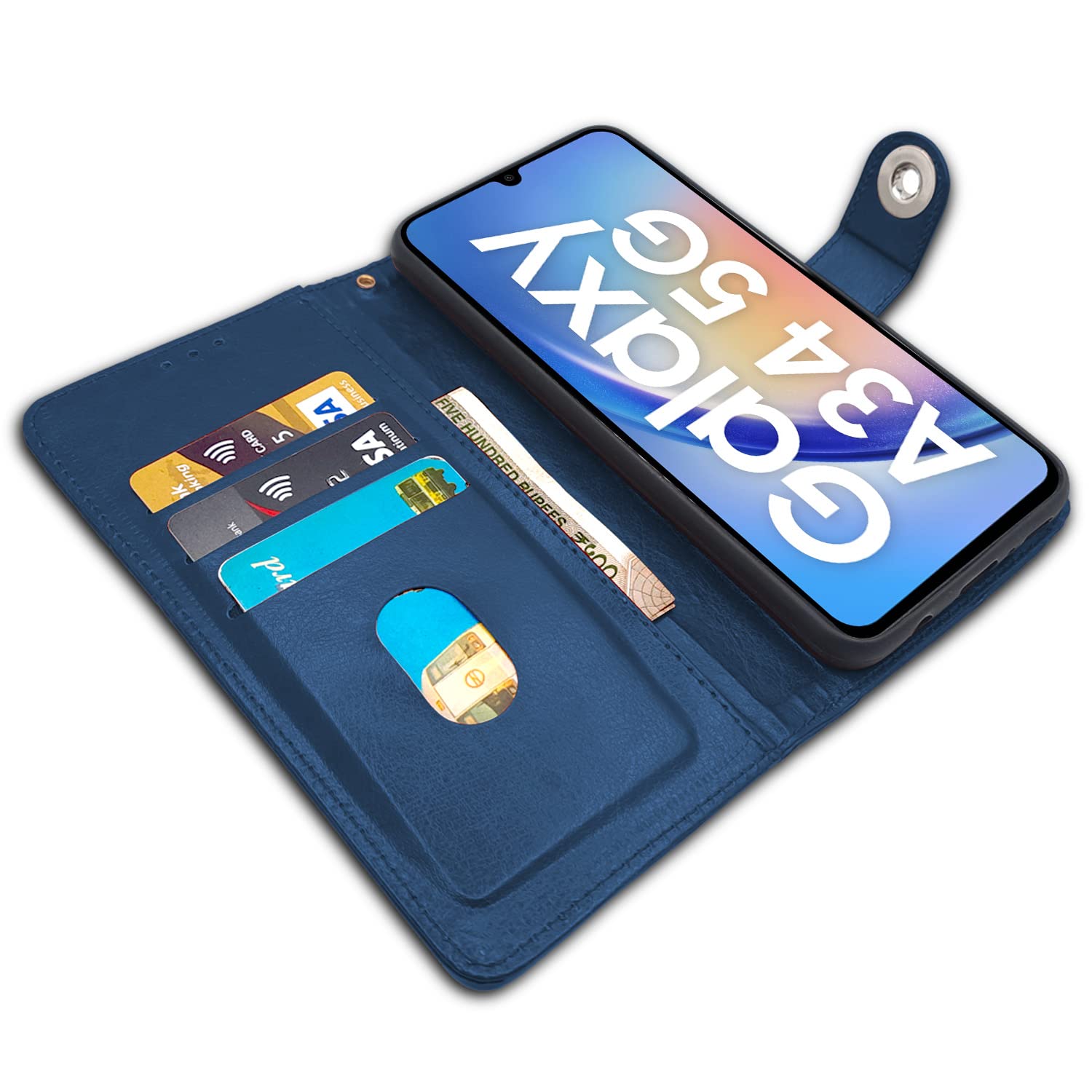 Pikkme Samsung Galaxy A34 5G Button Flip Cover (Blue)