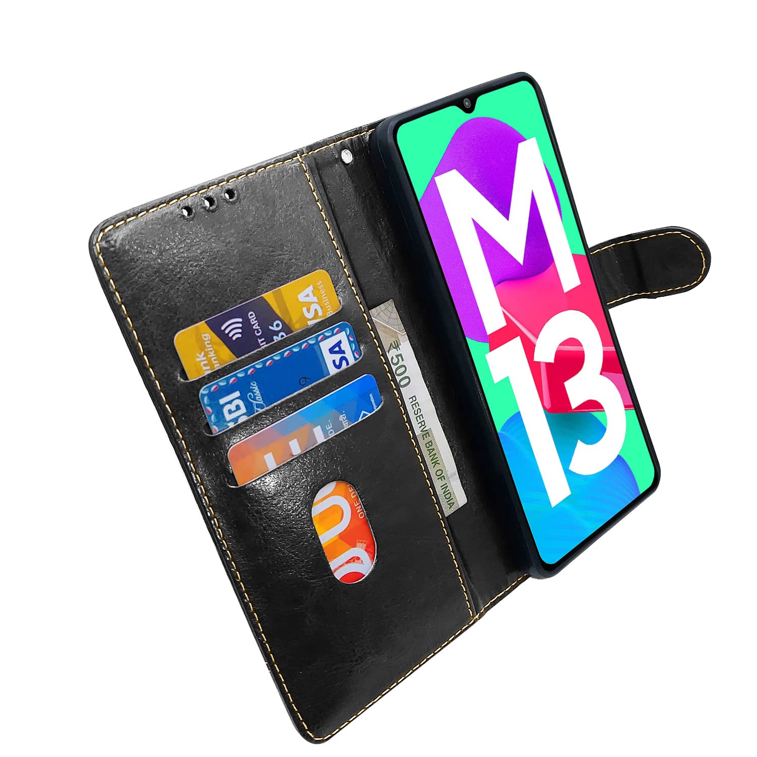 Pikkme Samsung Galaxy M13 4G Constrast Flip Cover | Black & Brown