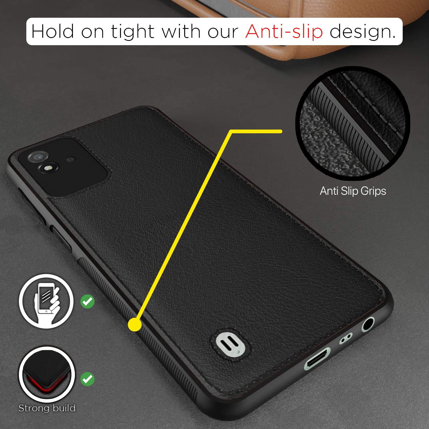 Pikkme Realme Narzo 50i Leather Back Cover | Black