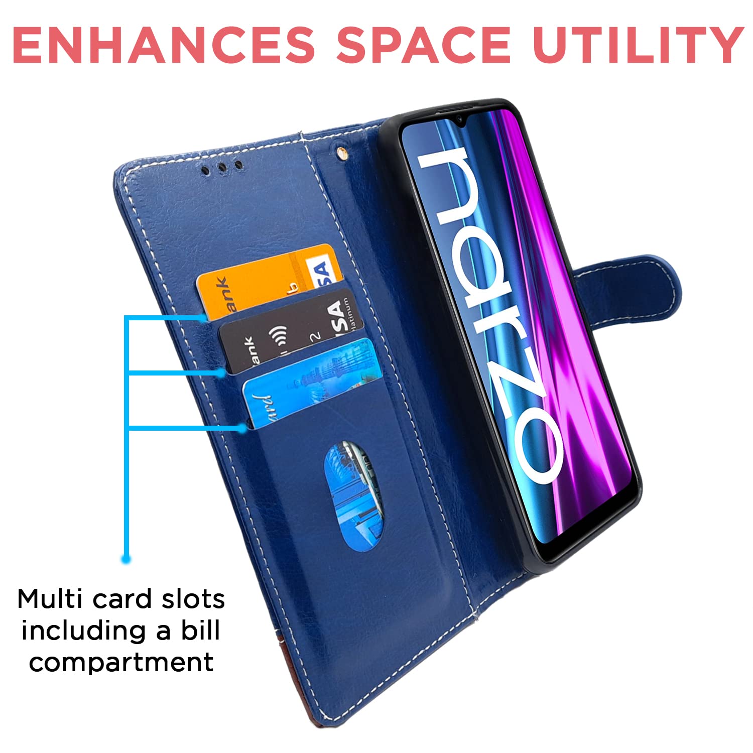 Pikkme Realme Narzo 50i Constrast Flip Cover | Blue & Brown