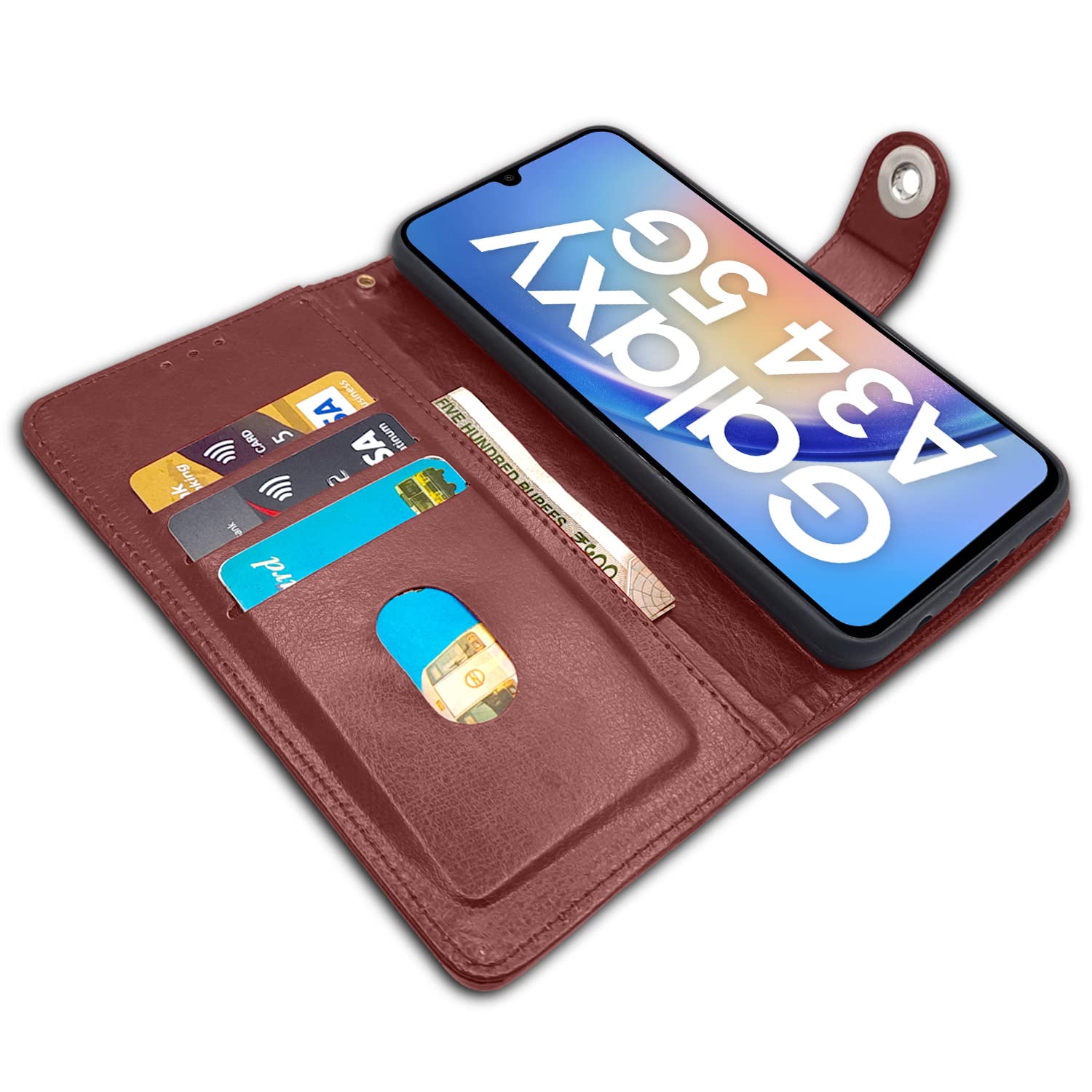 Pikkme Samsung Galaxy A34 5G Button Flip Cover (Brown)