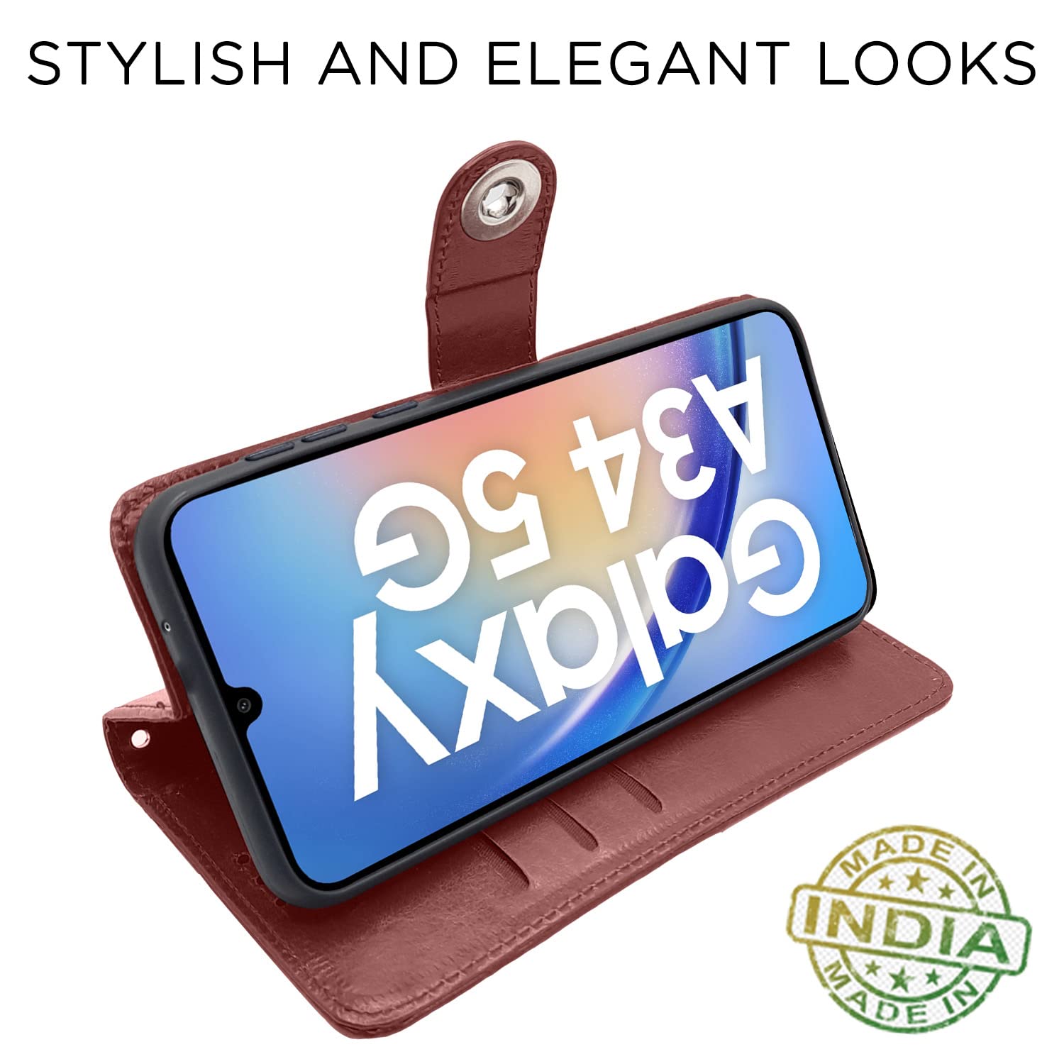 Pikkme Samsung Galaxy A34 5G Button Flip Cover (Brown)