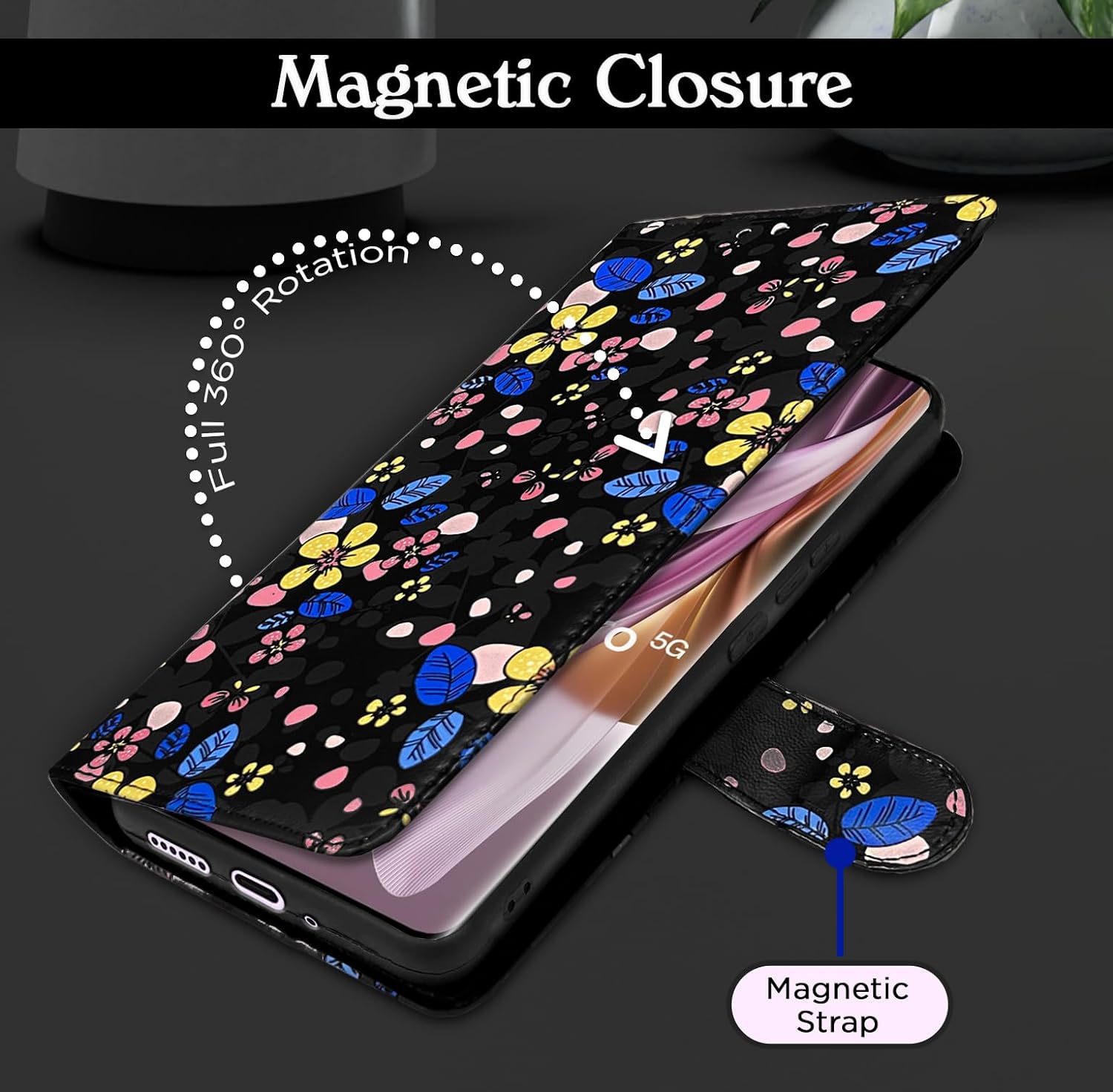 Black Flower wallet flip cover for Oppo Reno 10 Pro 5G – Pikkme – photo 3
