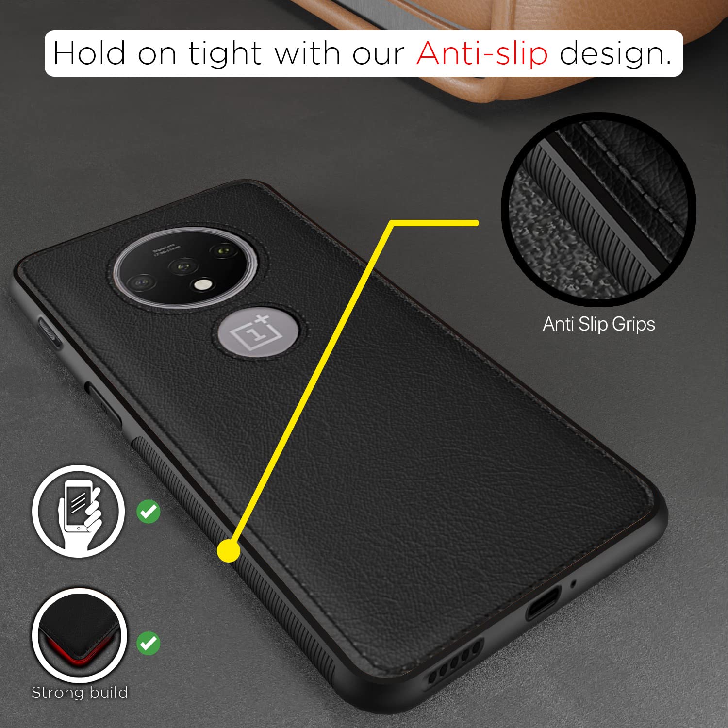 Pikkme OnePlus 7T Leather Back Cover | Black