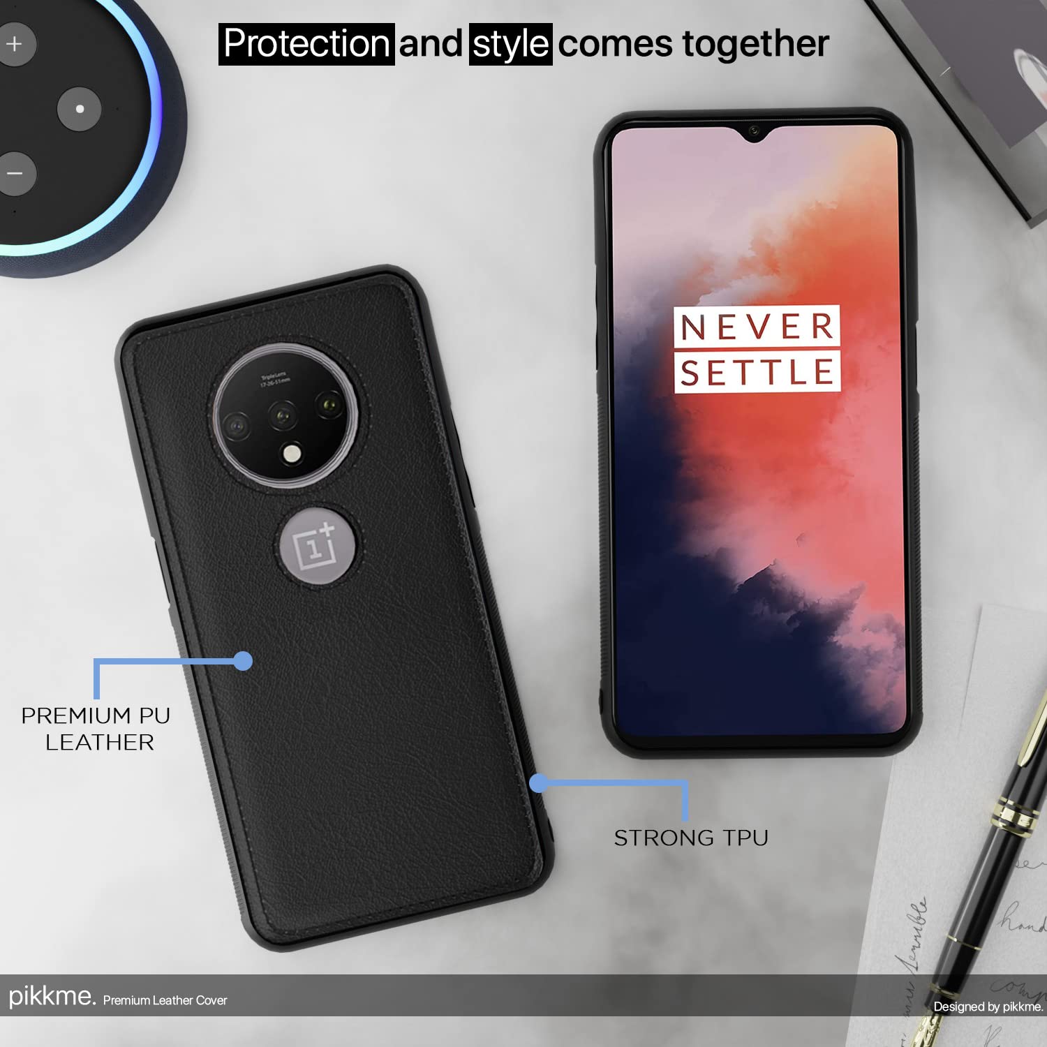 Pikkme OnePlus 7T Leather Back Cover | Black