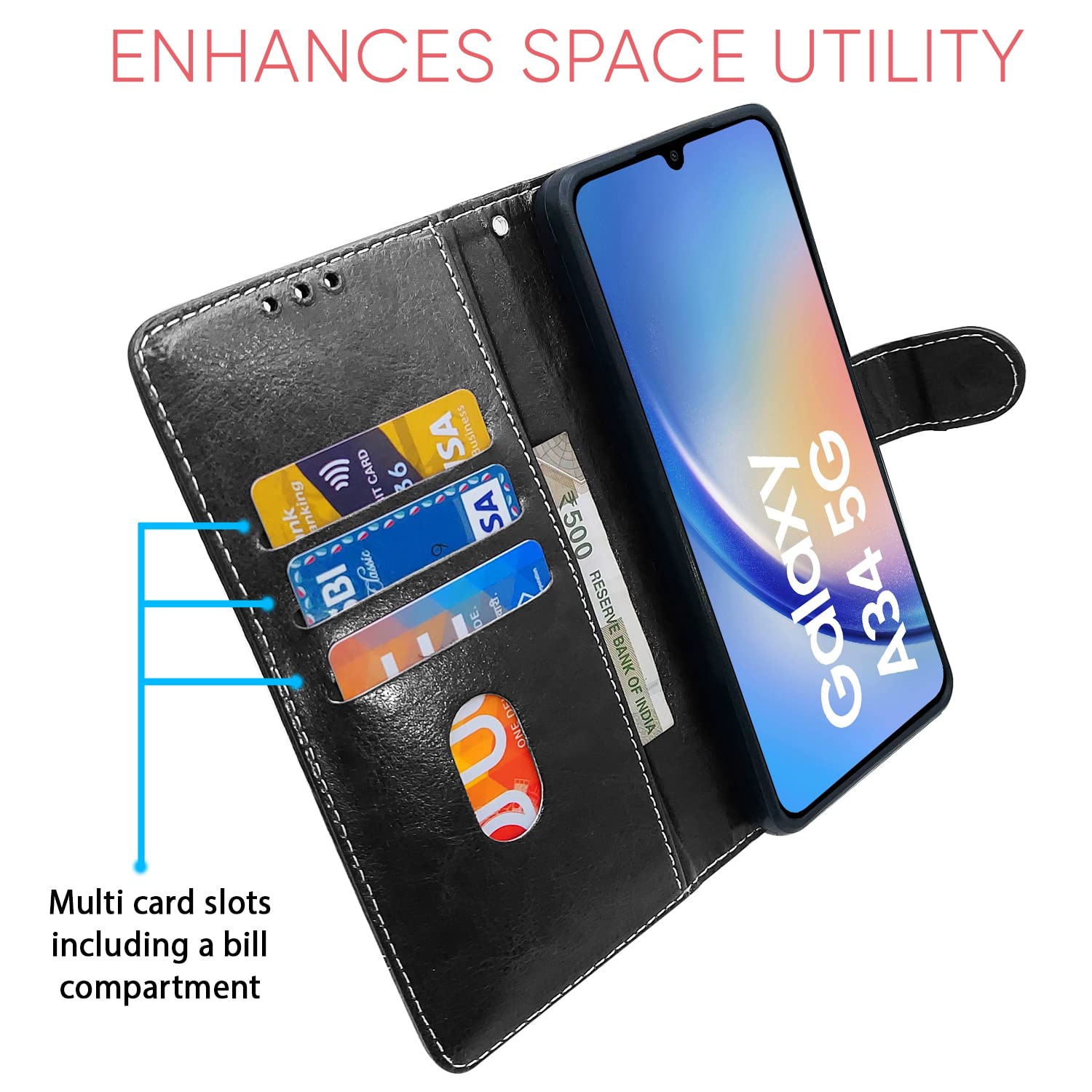 Samsung A34 5G Contrast mobile flip cover in black by Pikkme – photo 3