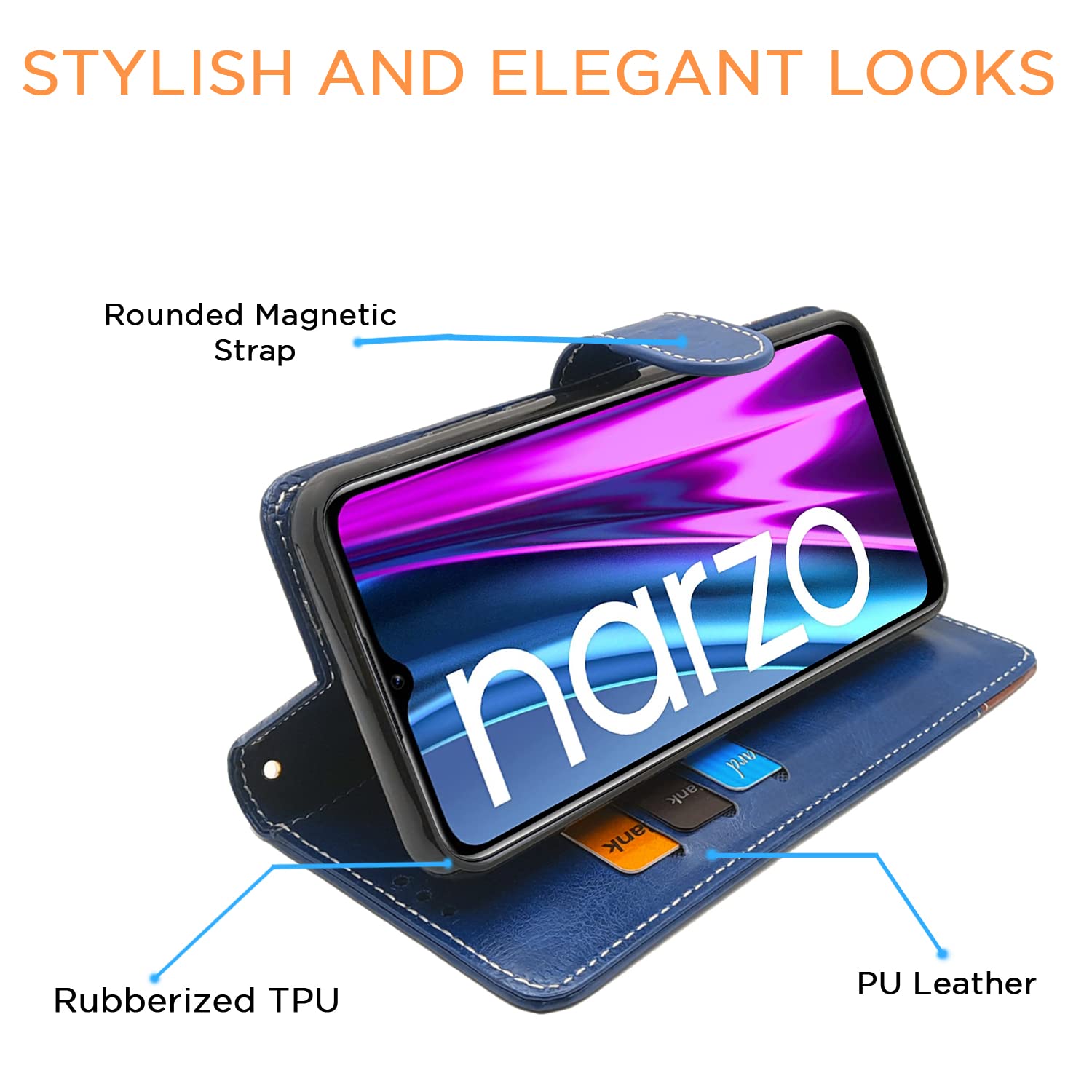 Pikkme Realme Narzo 50i Constrast Flip Cover | Blue & Brown